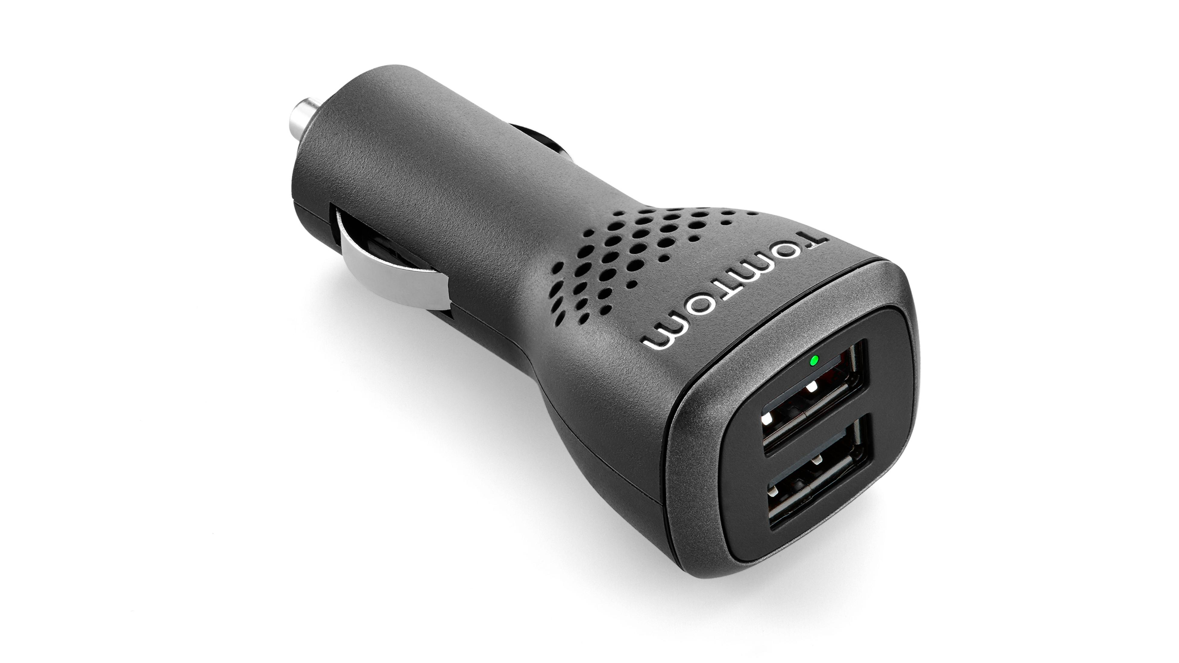 Adattatore USB auto nero con due porte e logo TomTom.