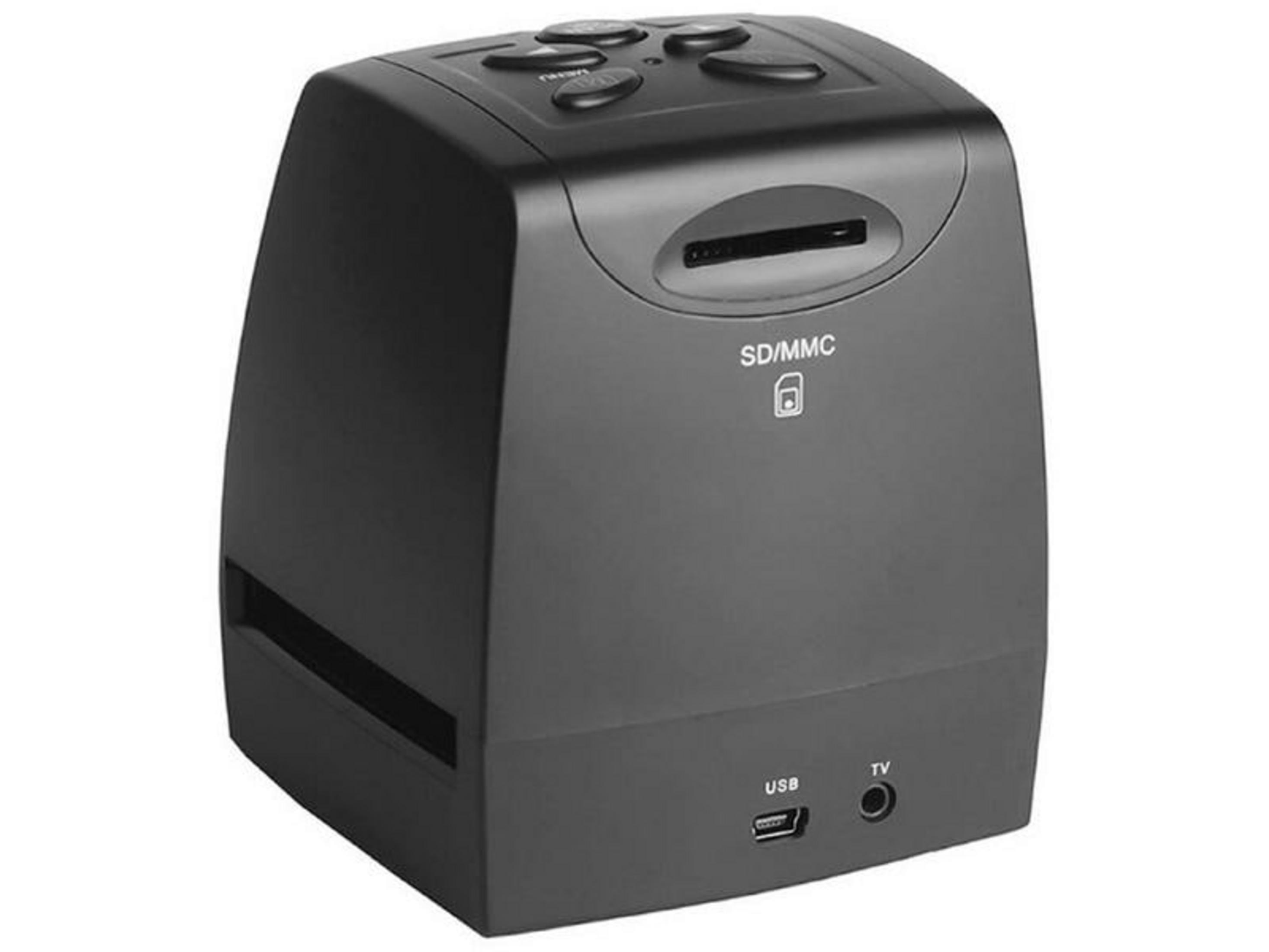Un dispositivo nero con pulsanti, slot SD/MMC, connessione USB e TV.