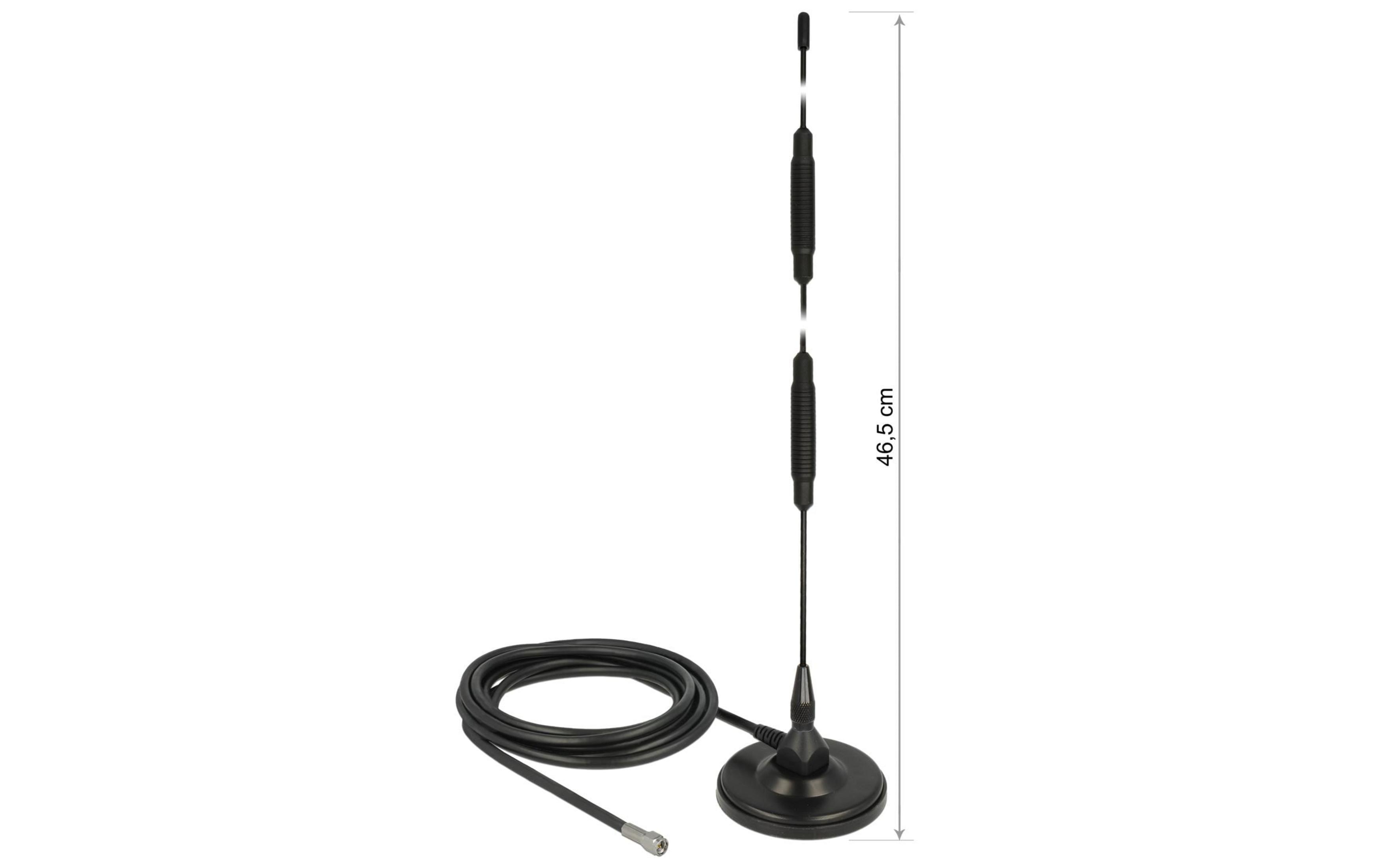 Un'antenna magnetica nera con cavo, lunga 46,5 cm.