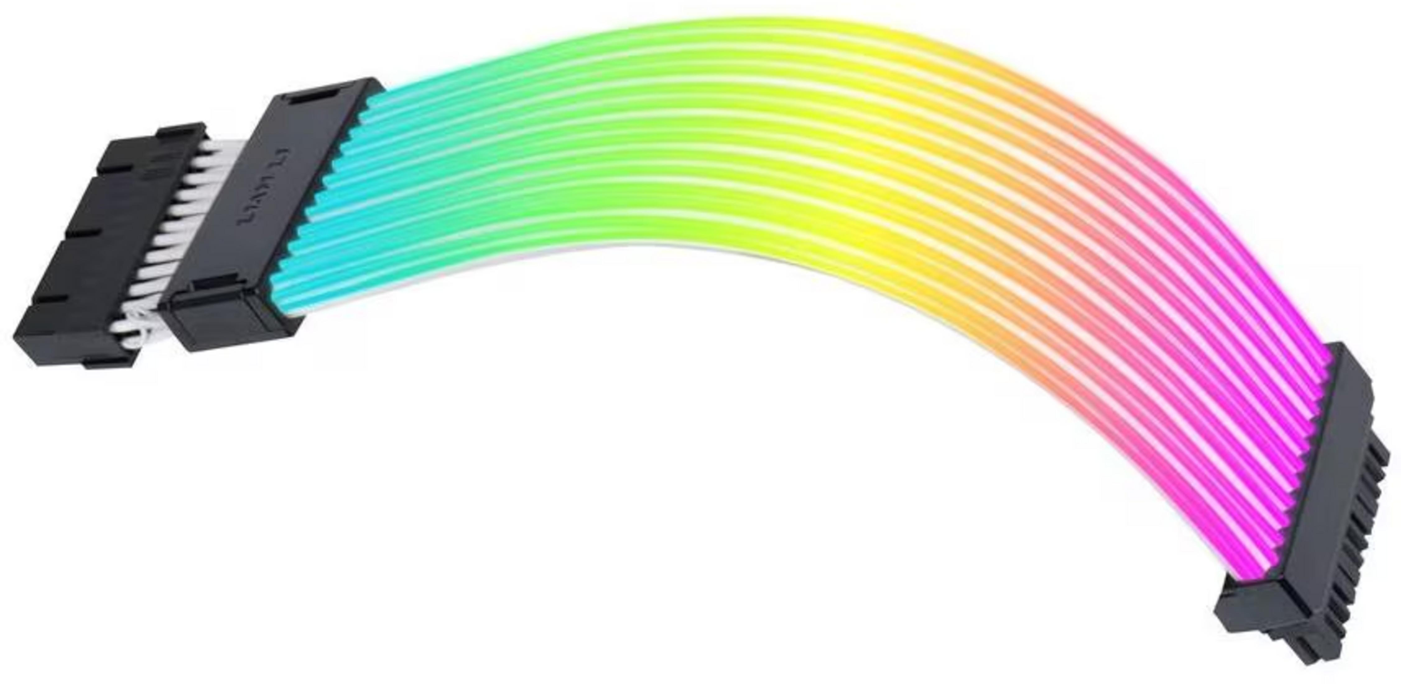 Siyah konektörlü, gökkuşağı geçişli bir RGB kablosu.