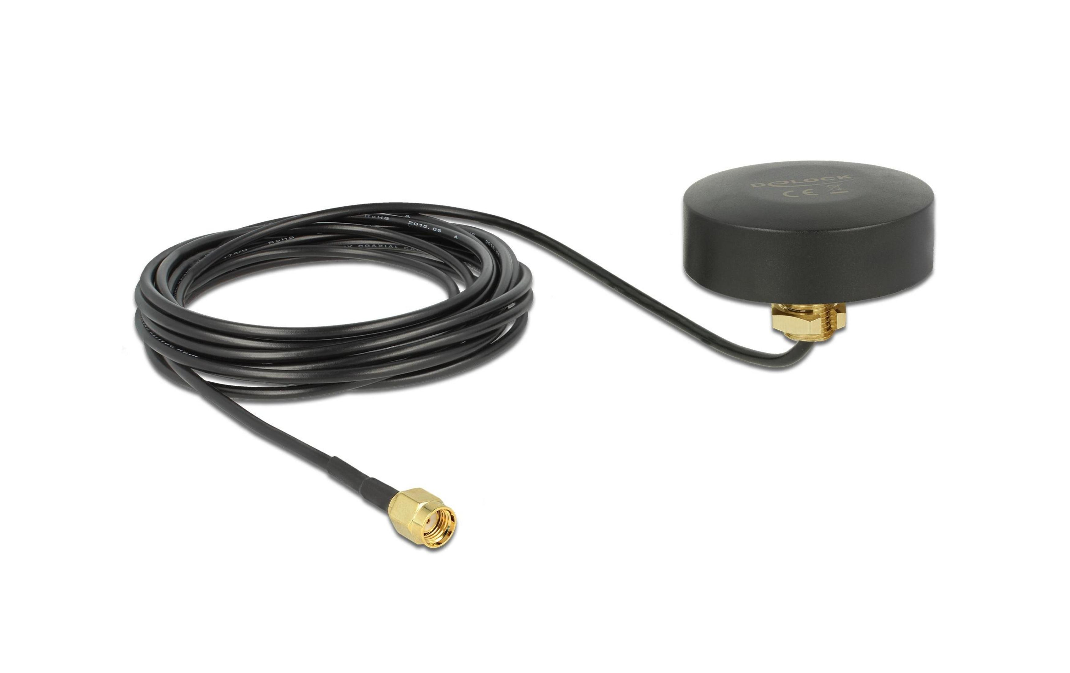 Dispositivo antenna nero con cavo e connettore dorato su sfondo bianco.