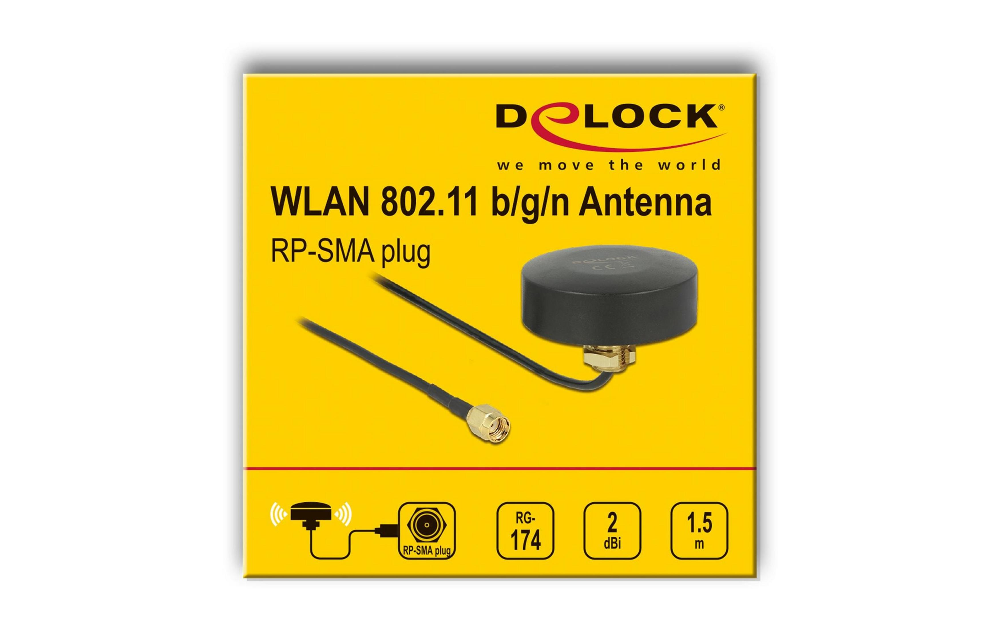 Antenna WLAN nera con spina RP-SMA, cavo RG-174, 2 dBi, 1.5m.
