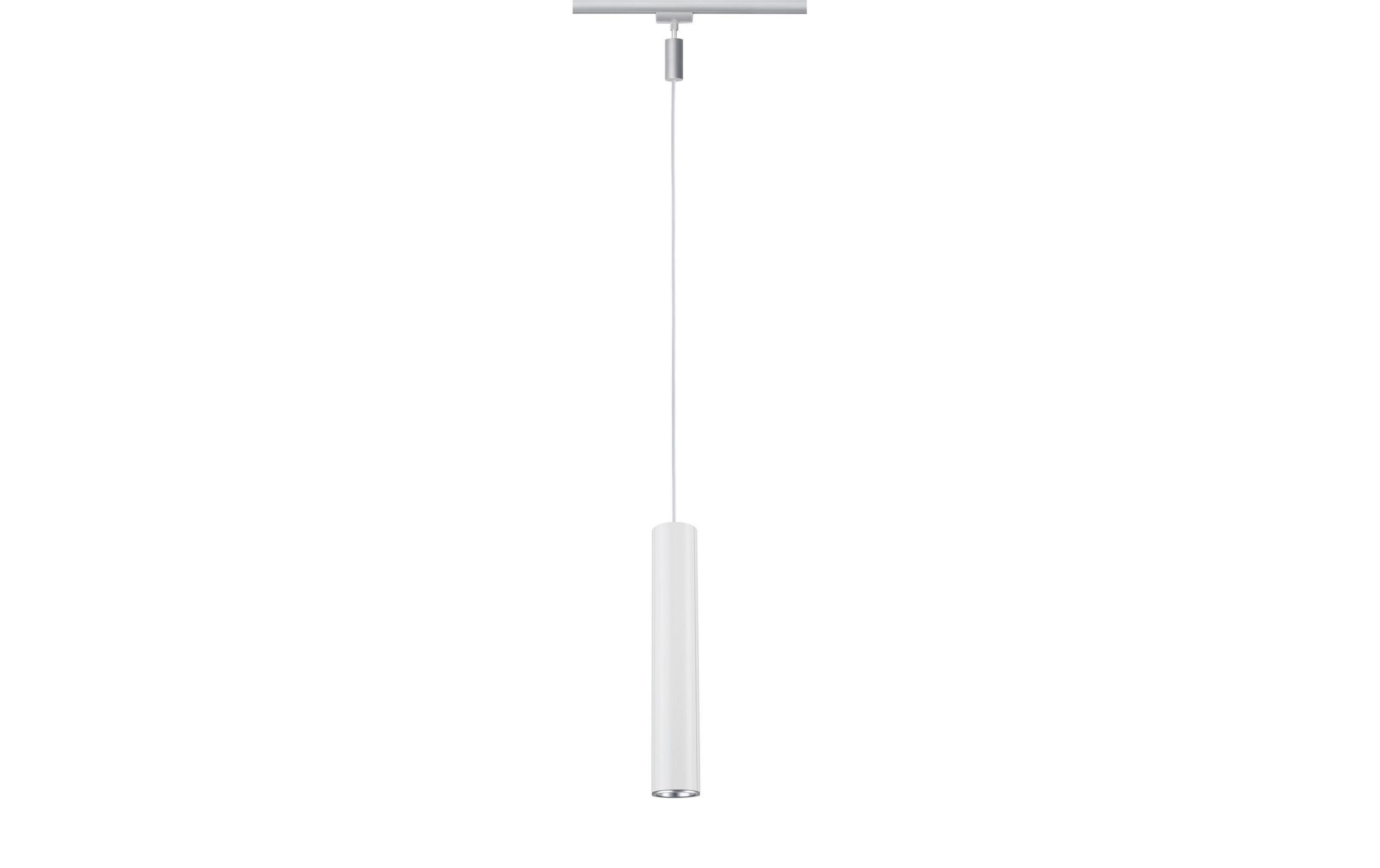 Eine weiße zylindrische Pendelleuchte hängt an einem Kabel.