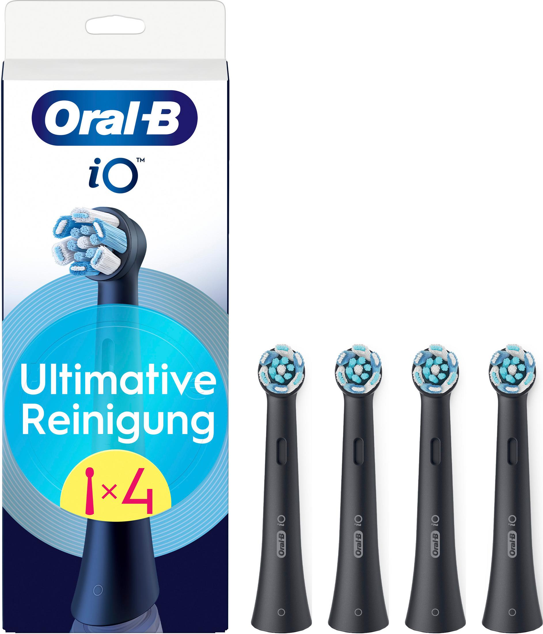 Testine Oral-B iO, confezione da 4, con setole blu e bianche.