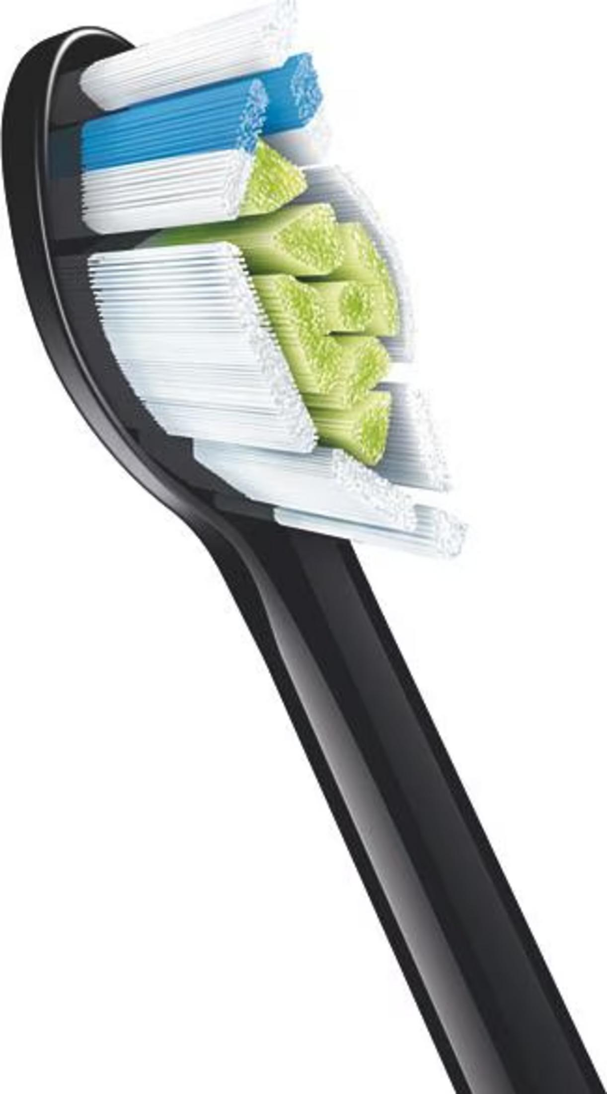 Zbliżenie czarnej główki szczoteczki do zębów z białymi i niebieskimi włoskami.