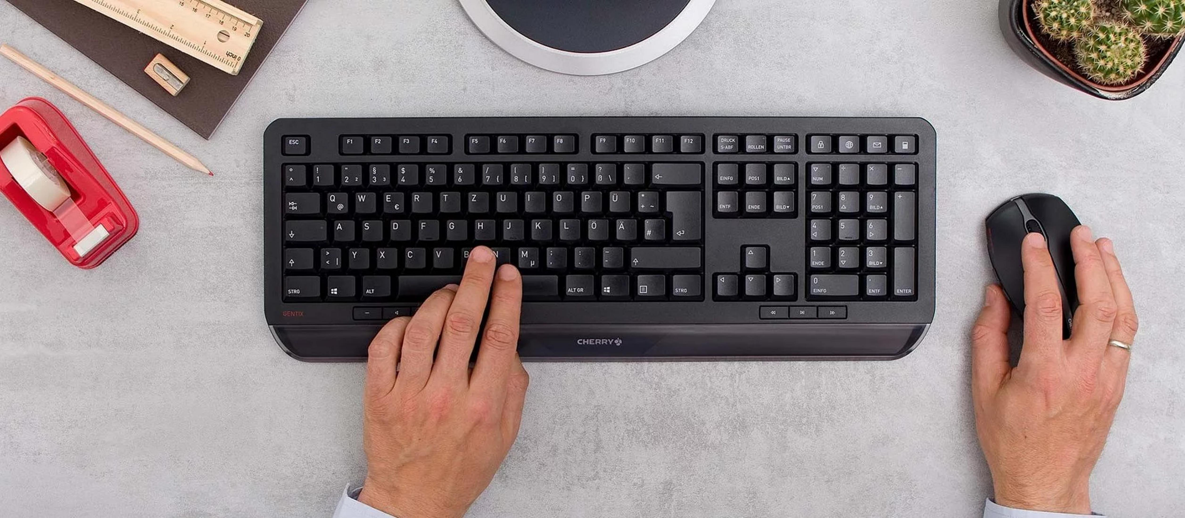 Jedna ręka pisze na klawiaturze, druga używa myszy. Przedmioty biurkowe.