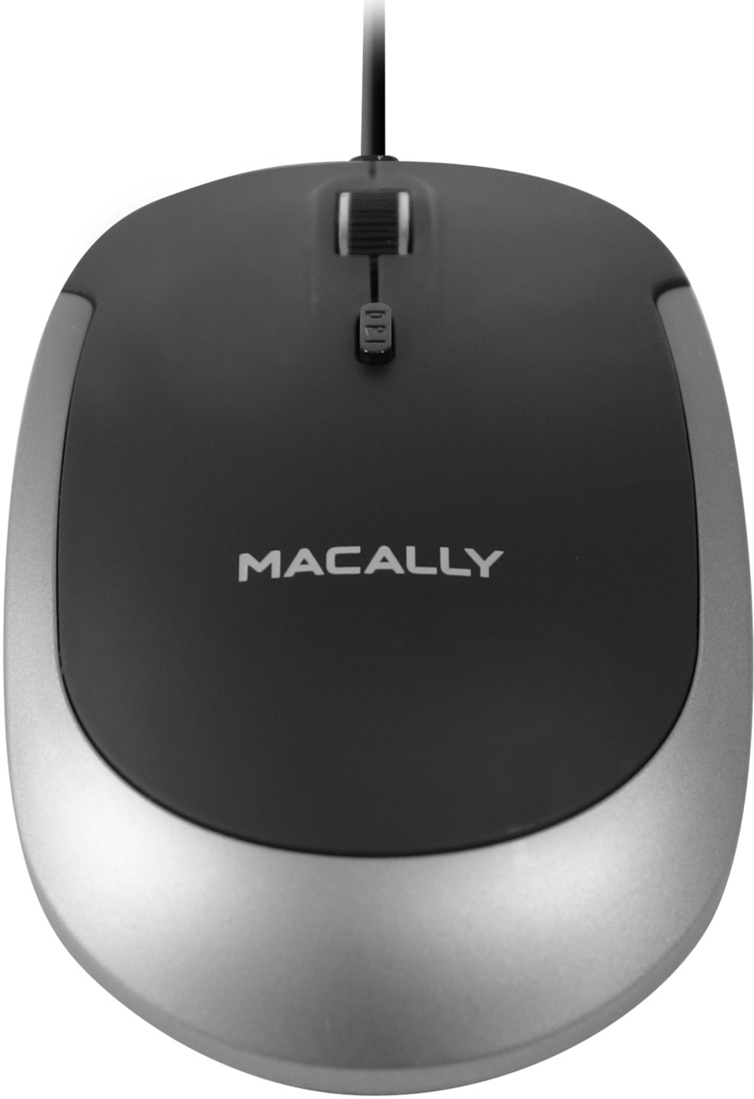 Ratón negro Macally con borde plateado y botón DPI.