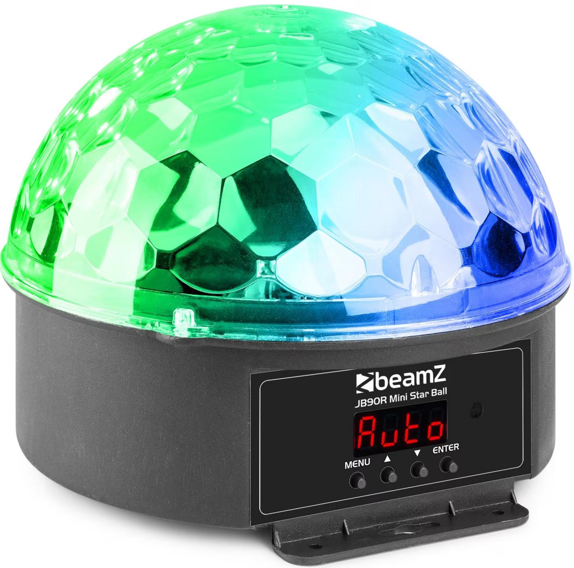 Una bola de discoteca con luces verdes y azules y un panel de control negro.