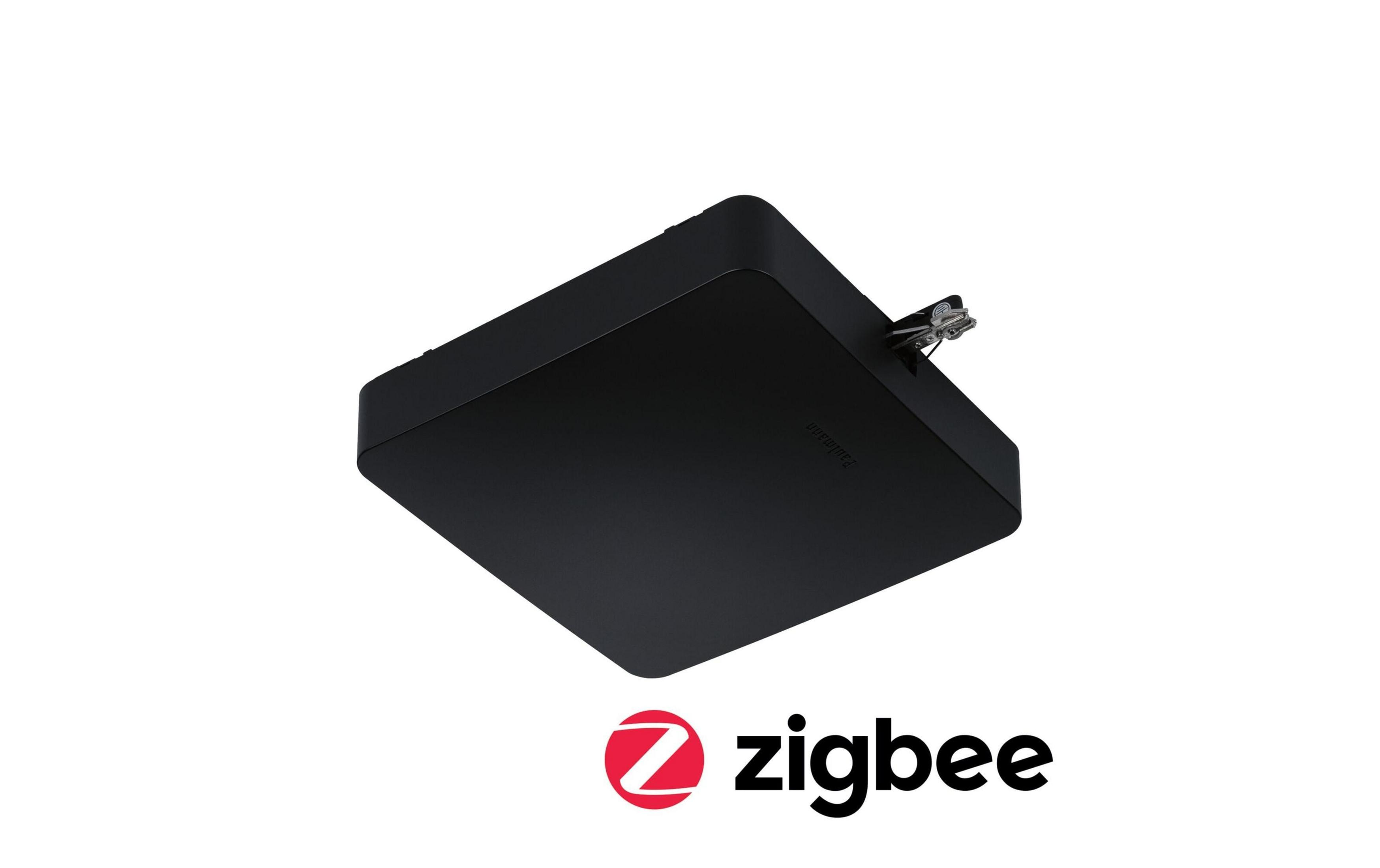 Ein schwarzes Zigbee-Gerät mit silbernen Anschlüssen auf weißem Hintergrund.