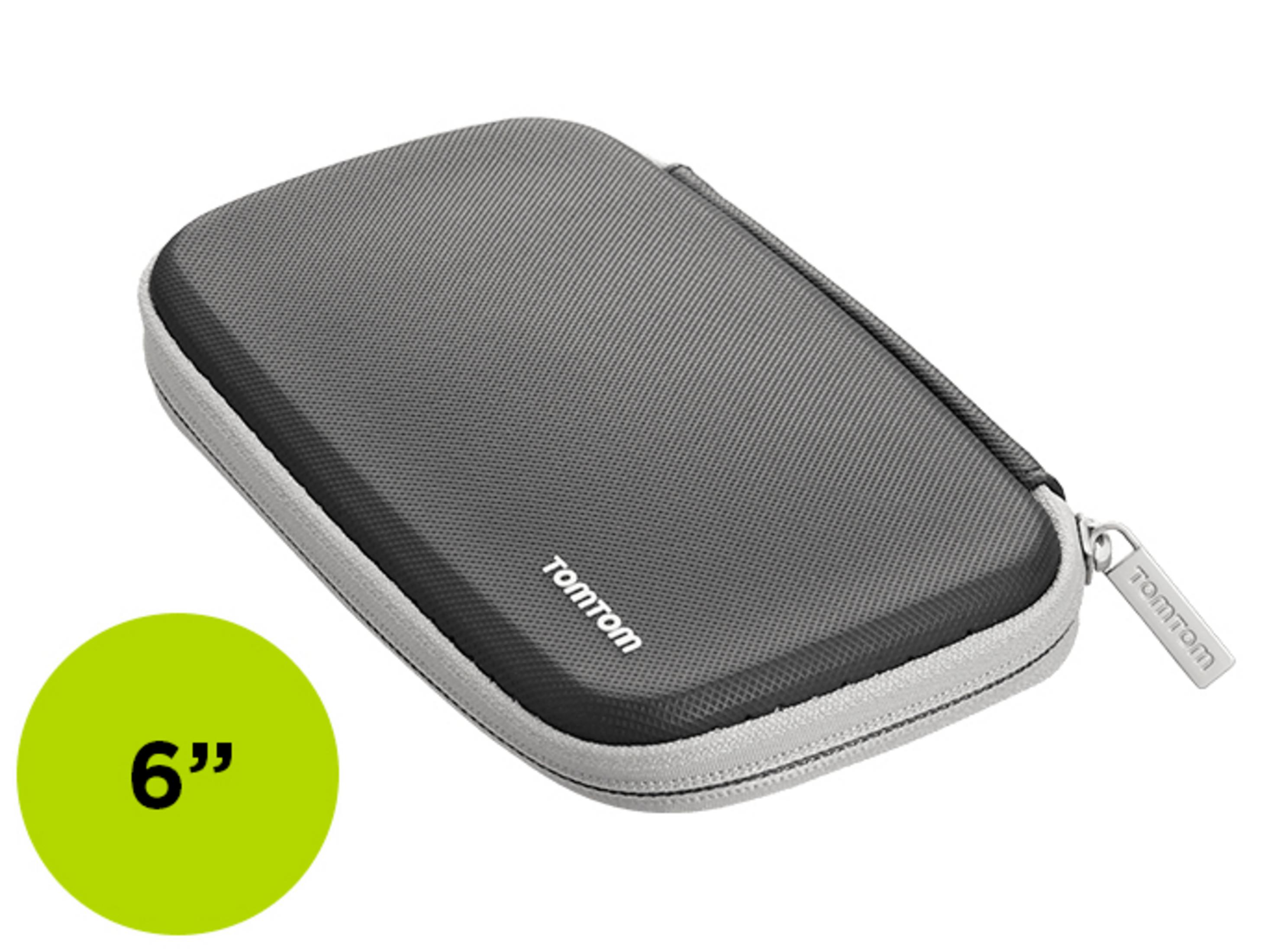 Graue TomTom-Tasche mit Reißverschluss und einem grünen Kreis mit '6".