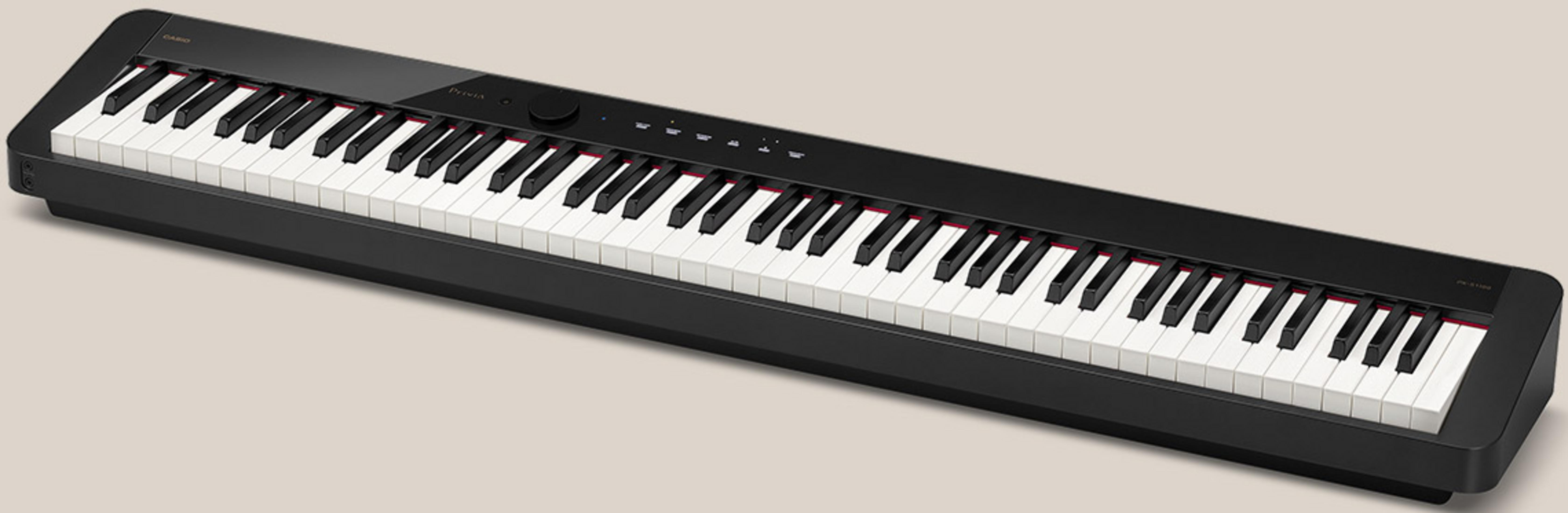 Een zwarte Casio digitale piano met witte en zwarte toetsen.