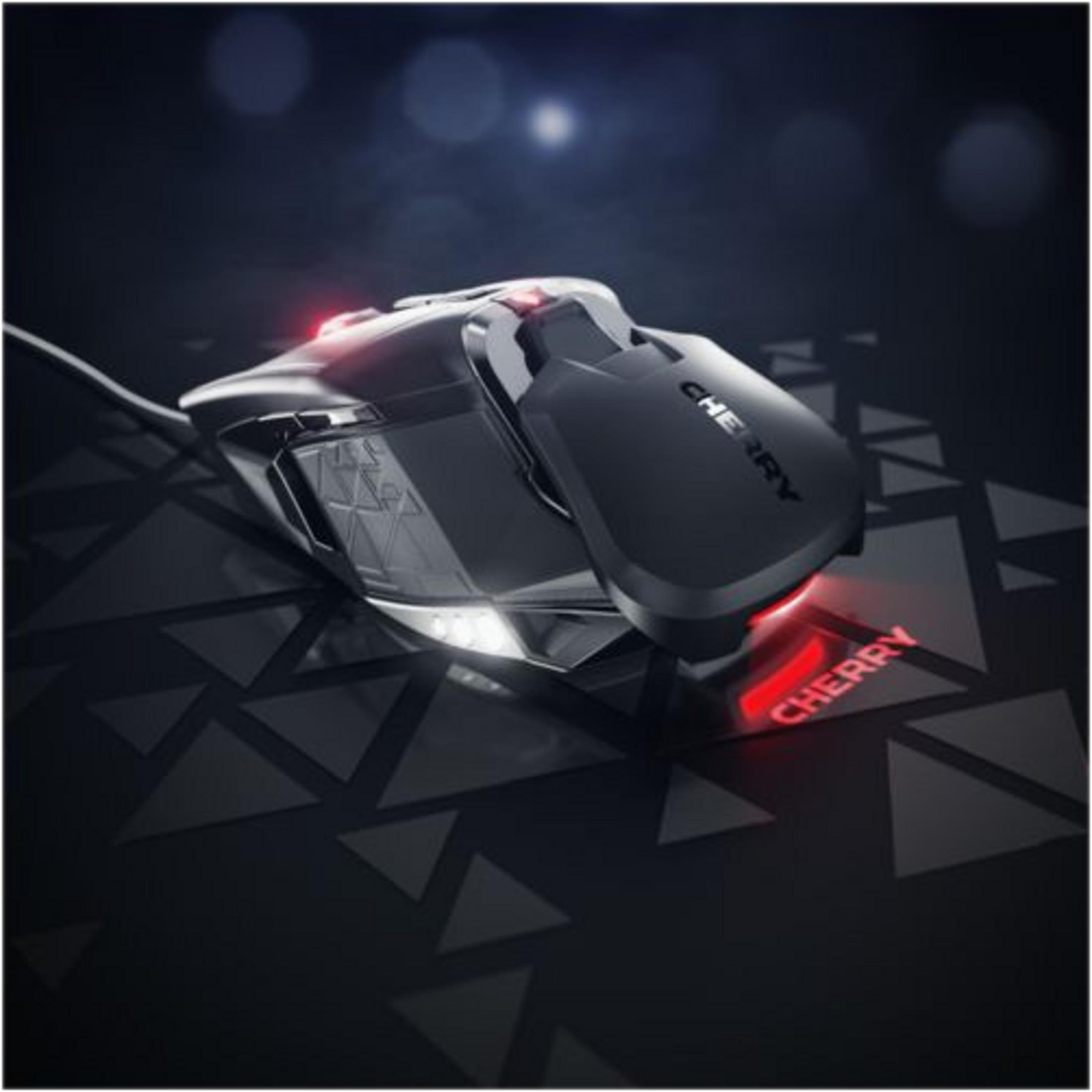 A black gaming mouse with red lights on a patterned mat.