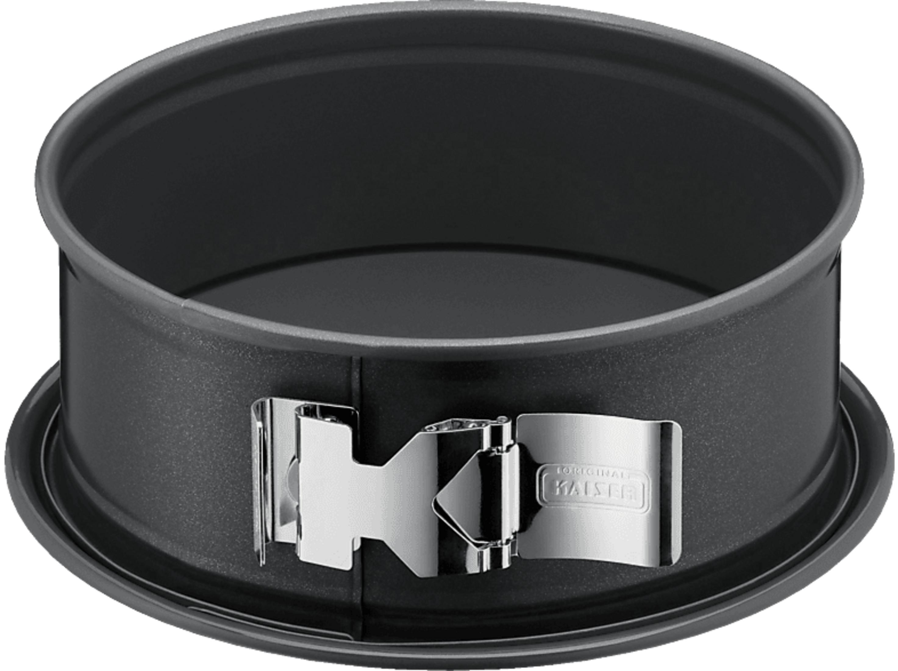 Okrągła, szara forma do pieczenia z srebrnym zapięciem i logo Kaiser.