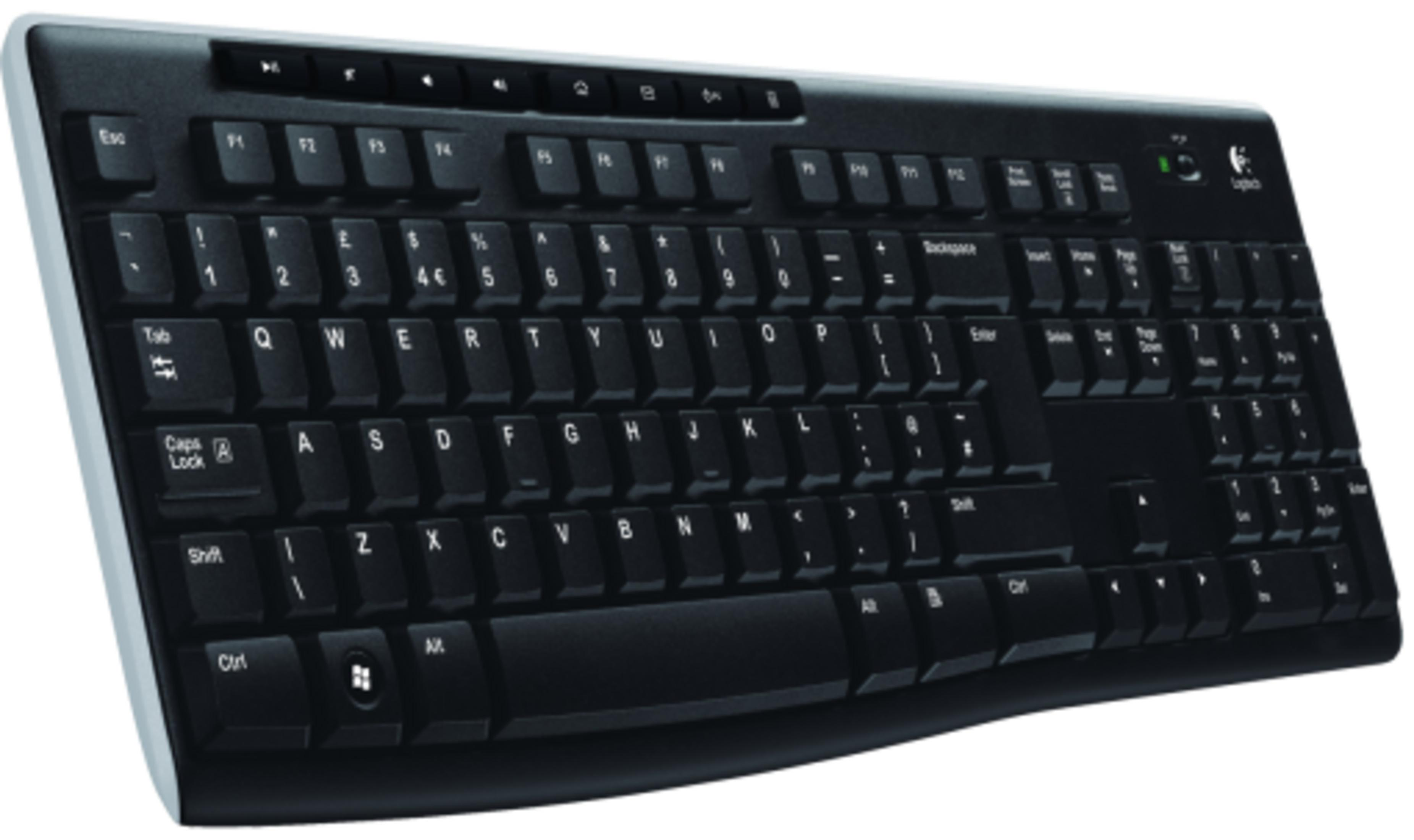 Tastiera Logitech nera con bordi e tasti grigi.