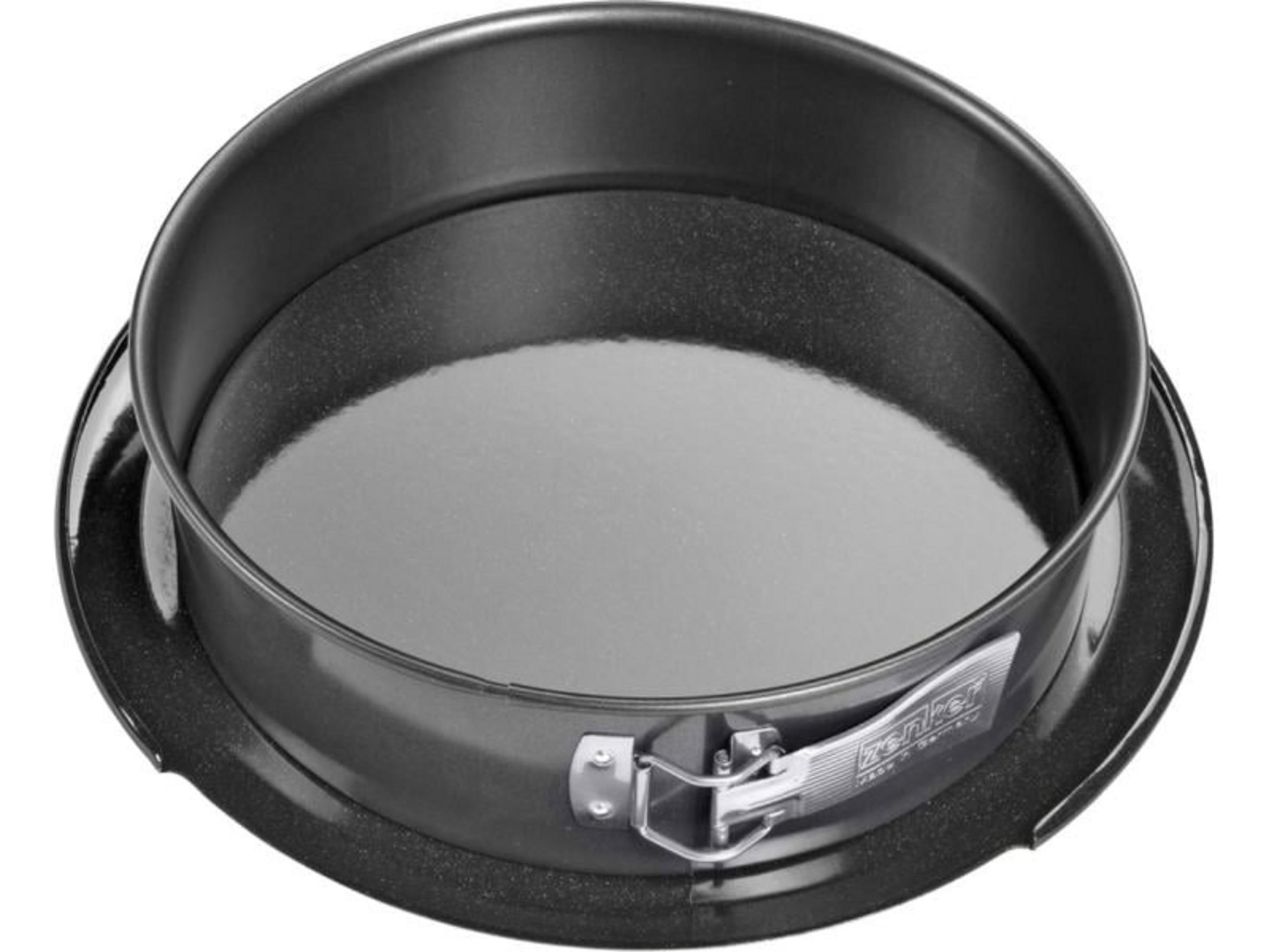Un moule à manqué rond noir avec un mécanisme de fermeture à boucle argentée.