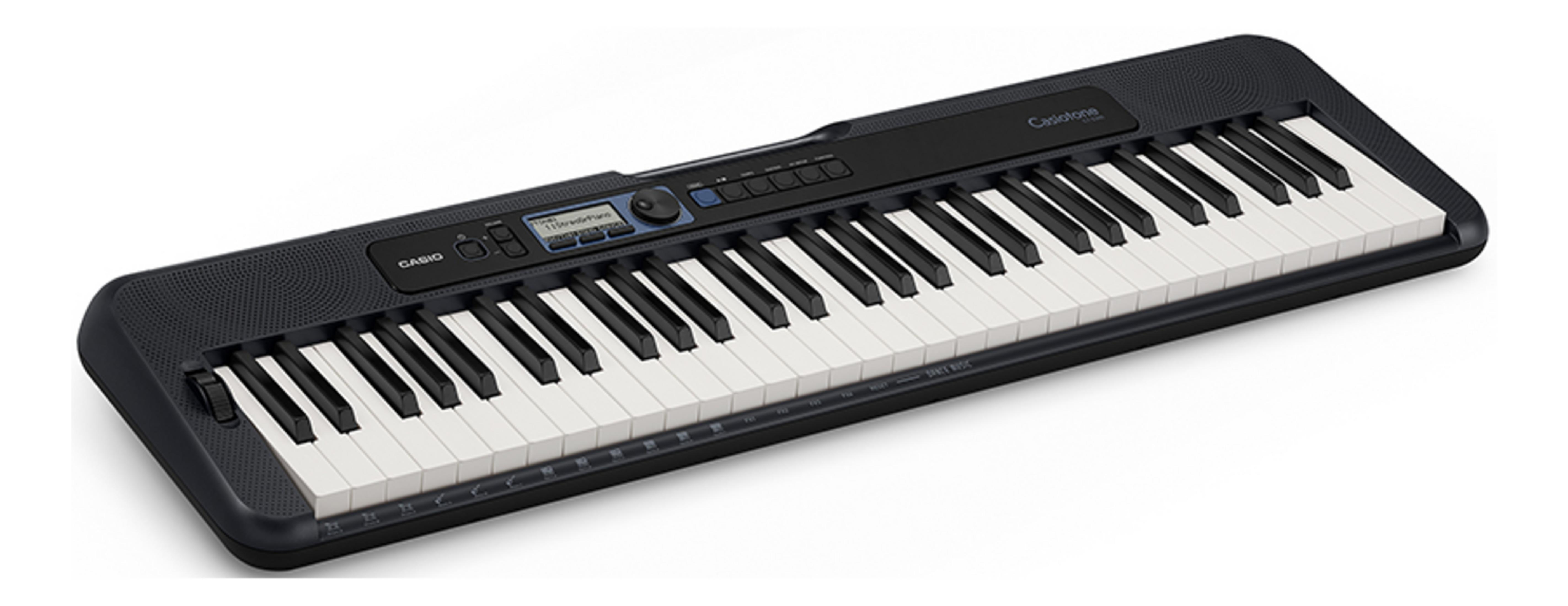 Ein schwarzes Casio Keyboard mit weißen und schwarzen Tasten.
