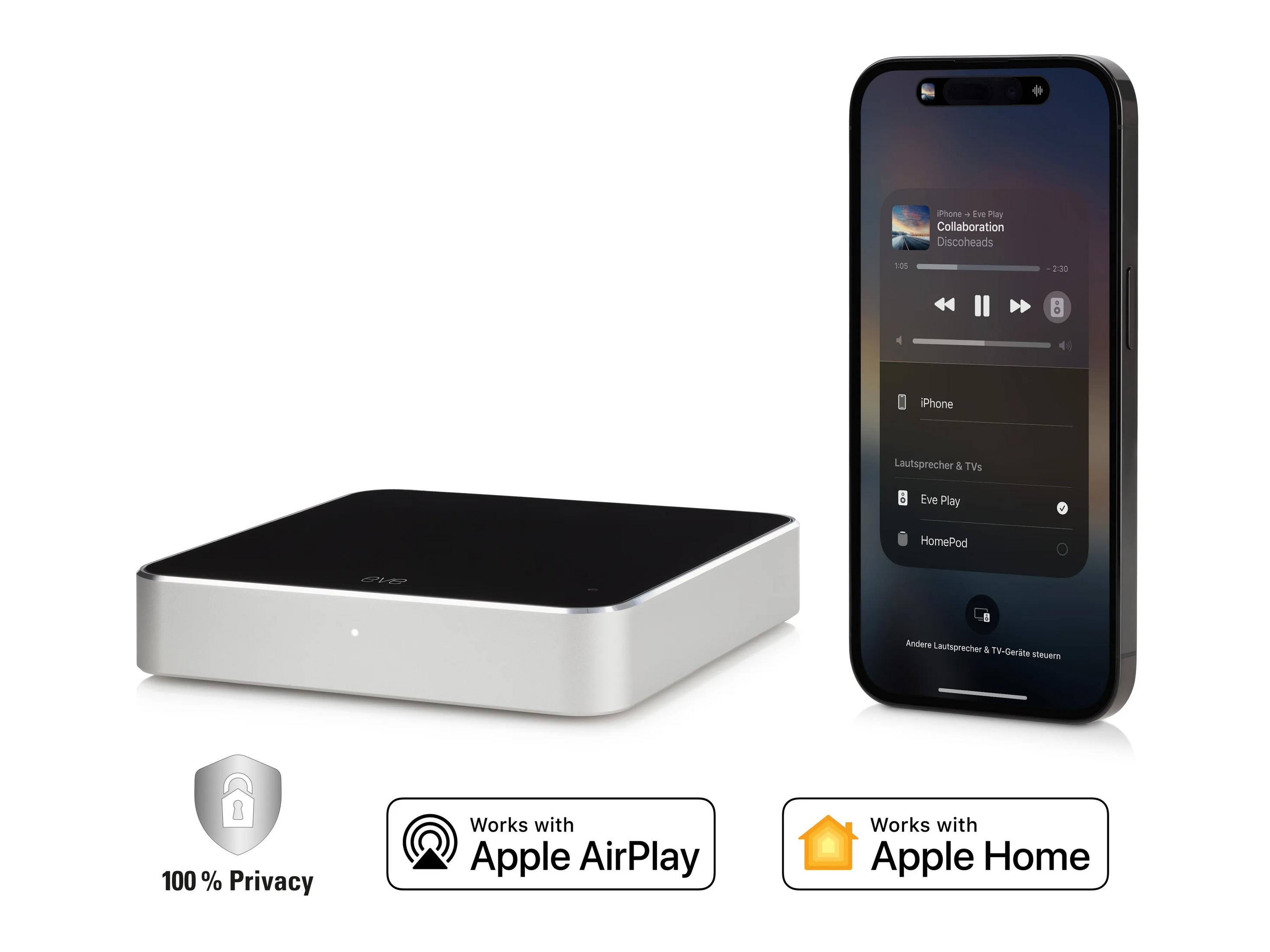 Ein silberner Eve Play Hub und ein iPhone mit Musiksteuerung.