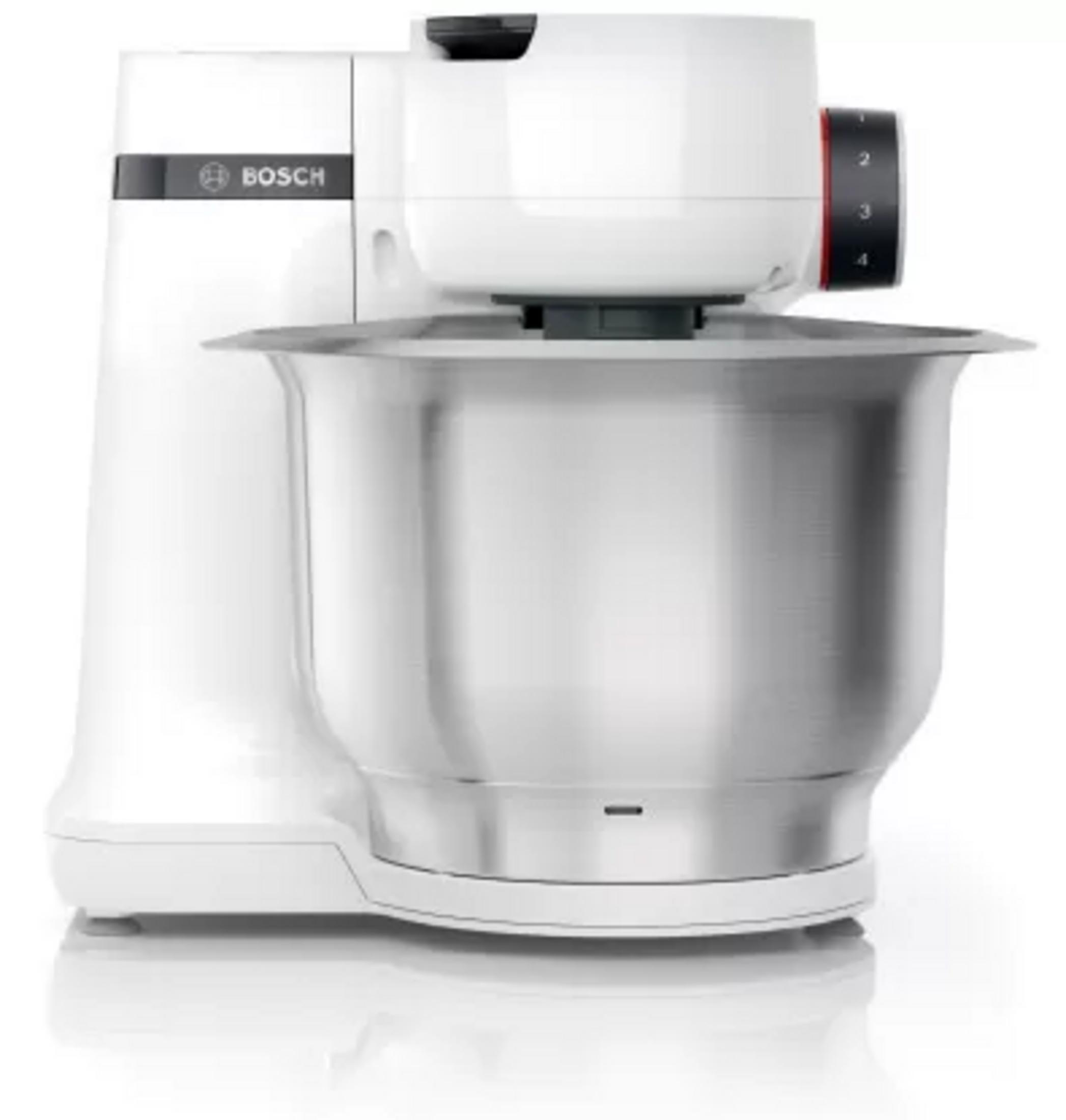 Ein weißer Bosch Küchenmixer mit Edelstahlschüssel und rotem Drehregler.