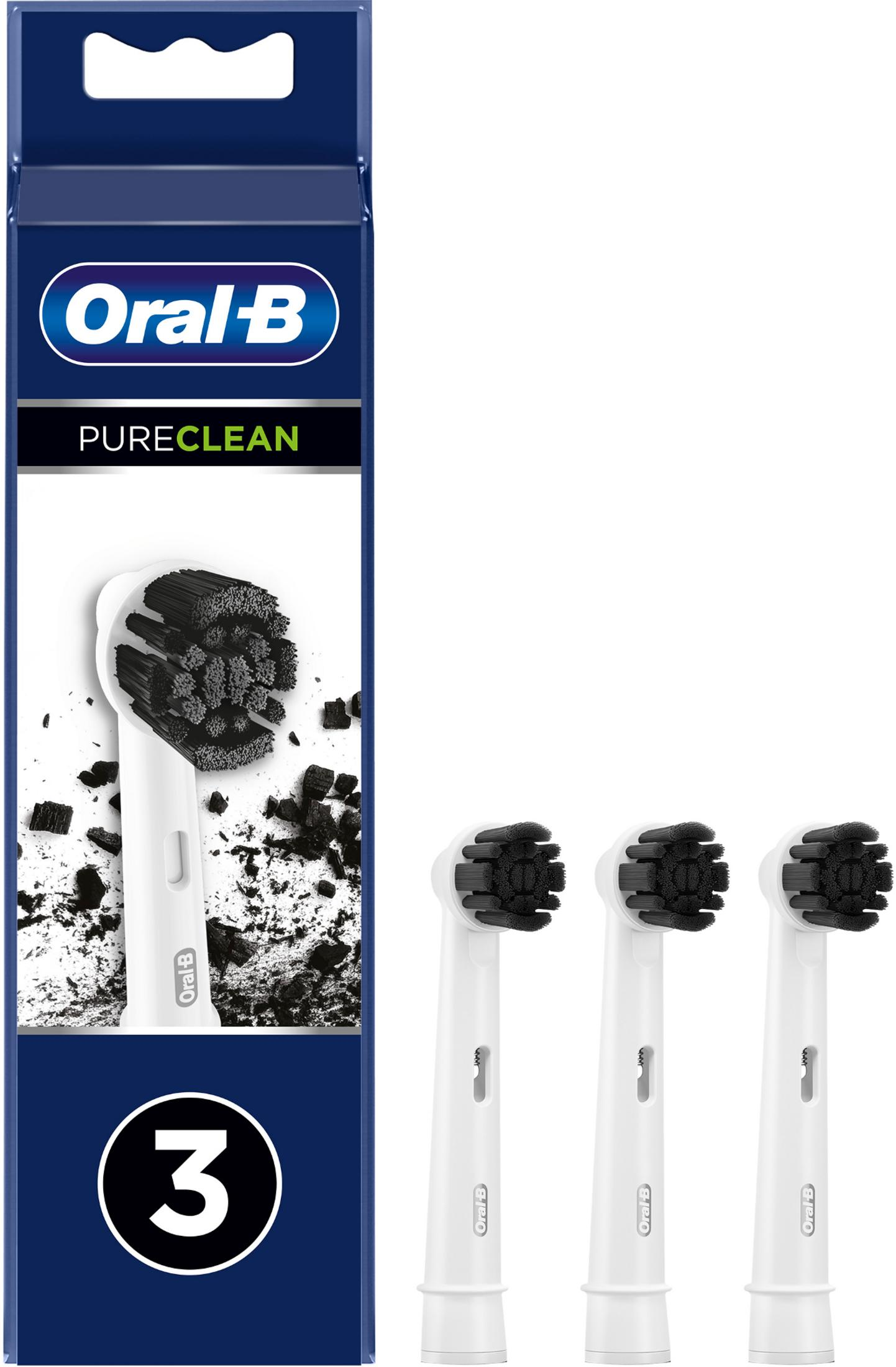 Oral-B PureClean Bürstenköpfe im 3er-Pack mit schwarzer Borste.