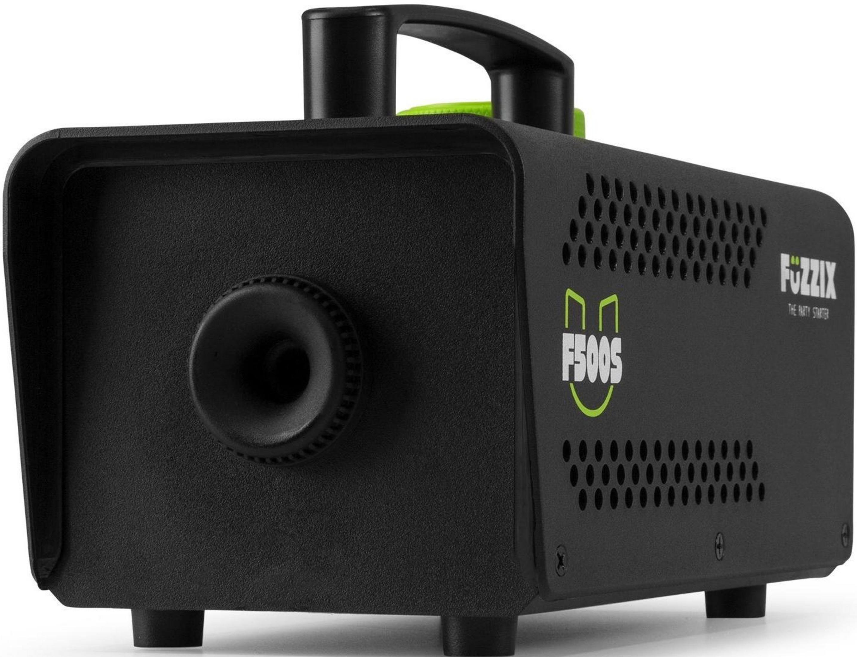 Máquina de humo negra con asa, logo F500S y rejillas de ventilación.
