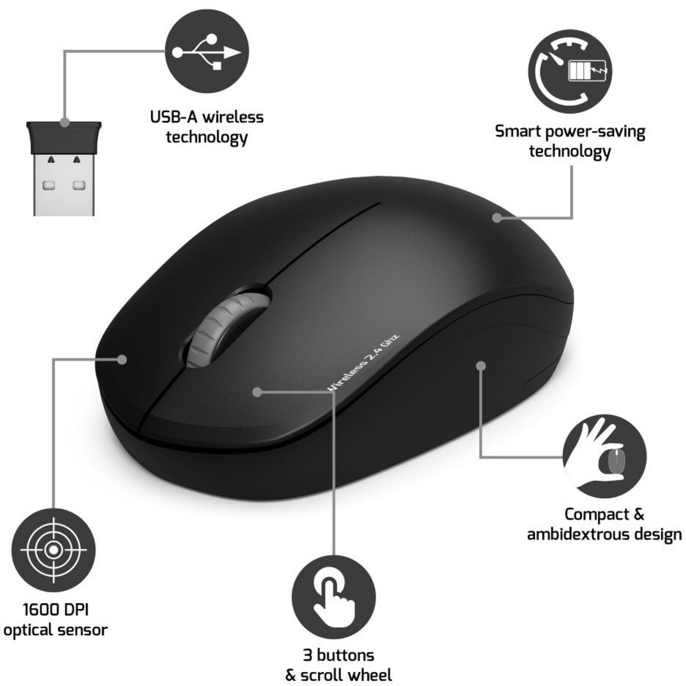 Black wireless mouse with USB-A dongle, 1600 DPI, 3 buttons.