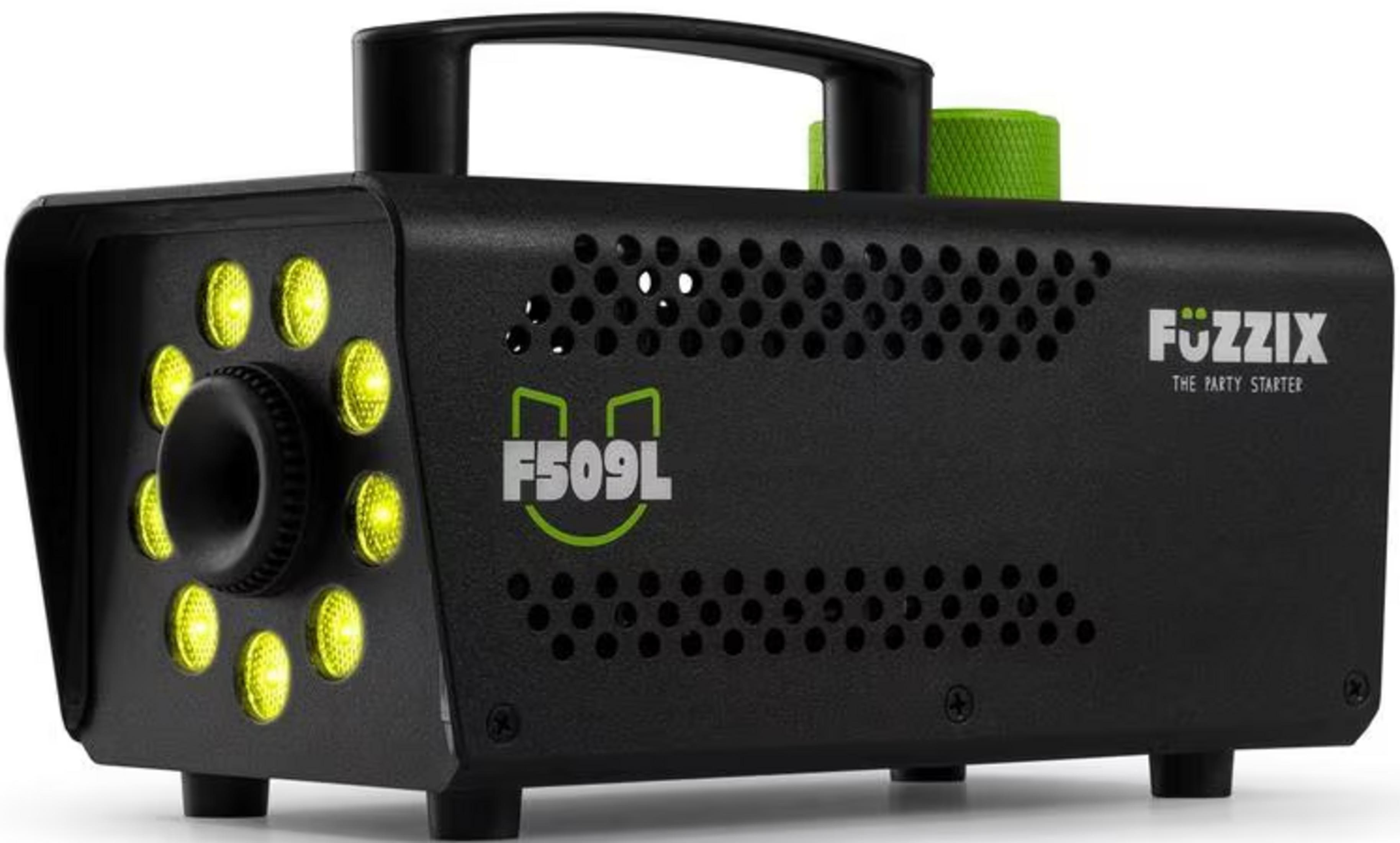 Máquina de humo negra con luces amarillas y asa verde.