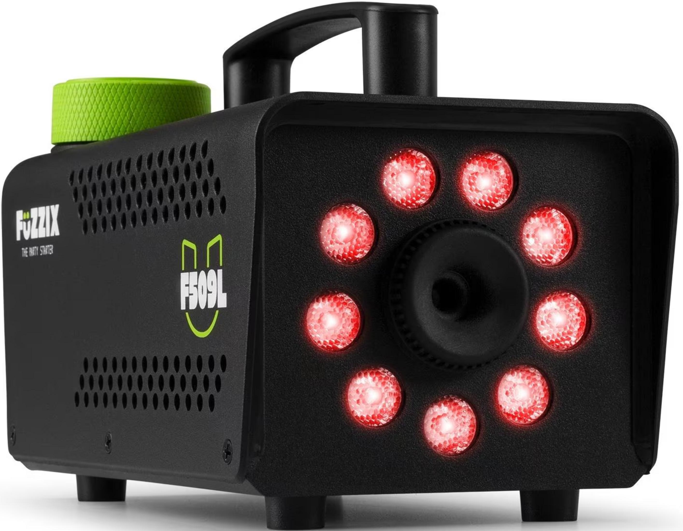 Máquina de humo negra con luces LED rojas y tapa verde.