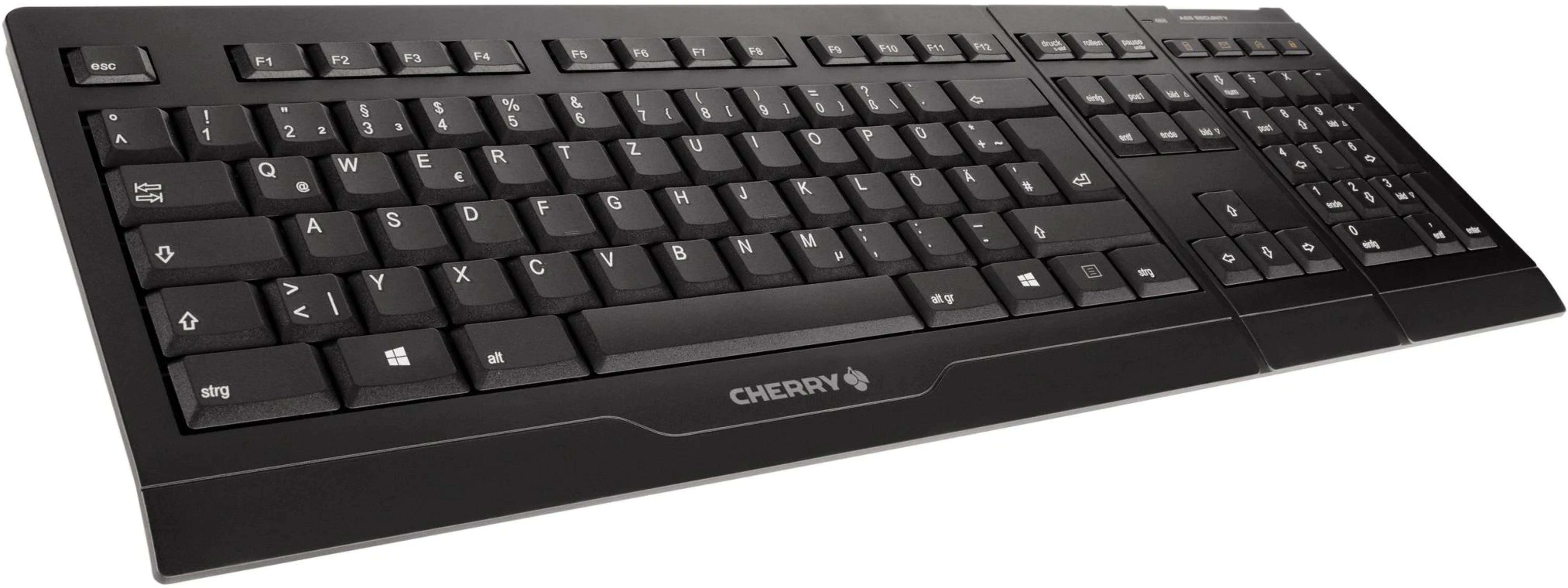 Eine schwarze Cherry-Tastatur mit voller Größe, numerischem Block und Multimedia-Tasten.