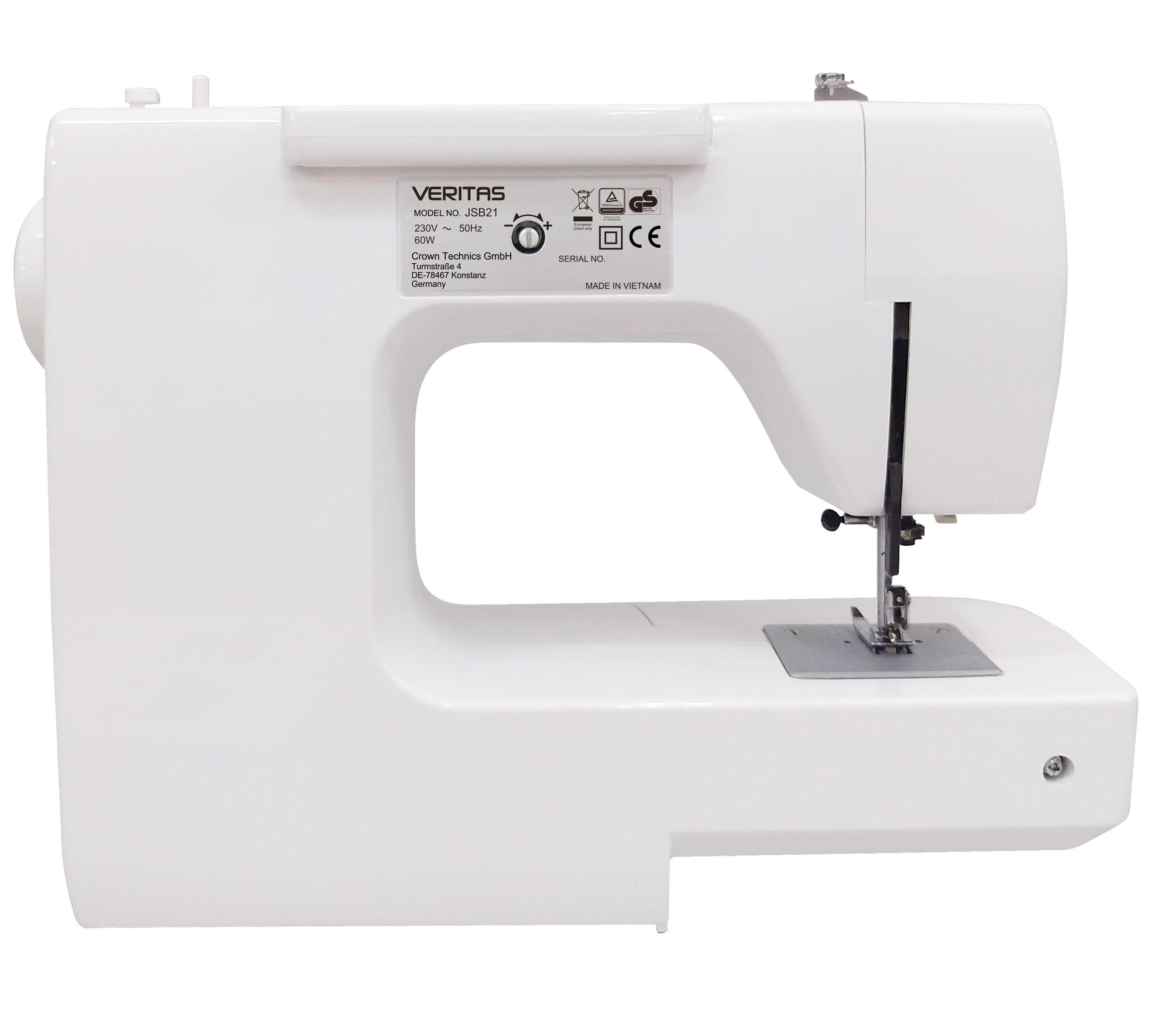 Weiße Veritas Nähmaschine JSB21, Made in Vietnam, mit Details.