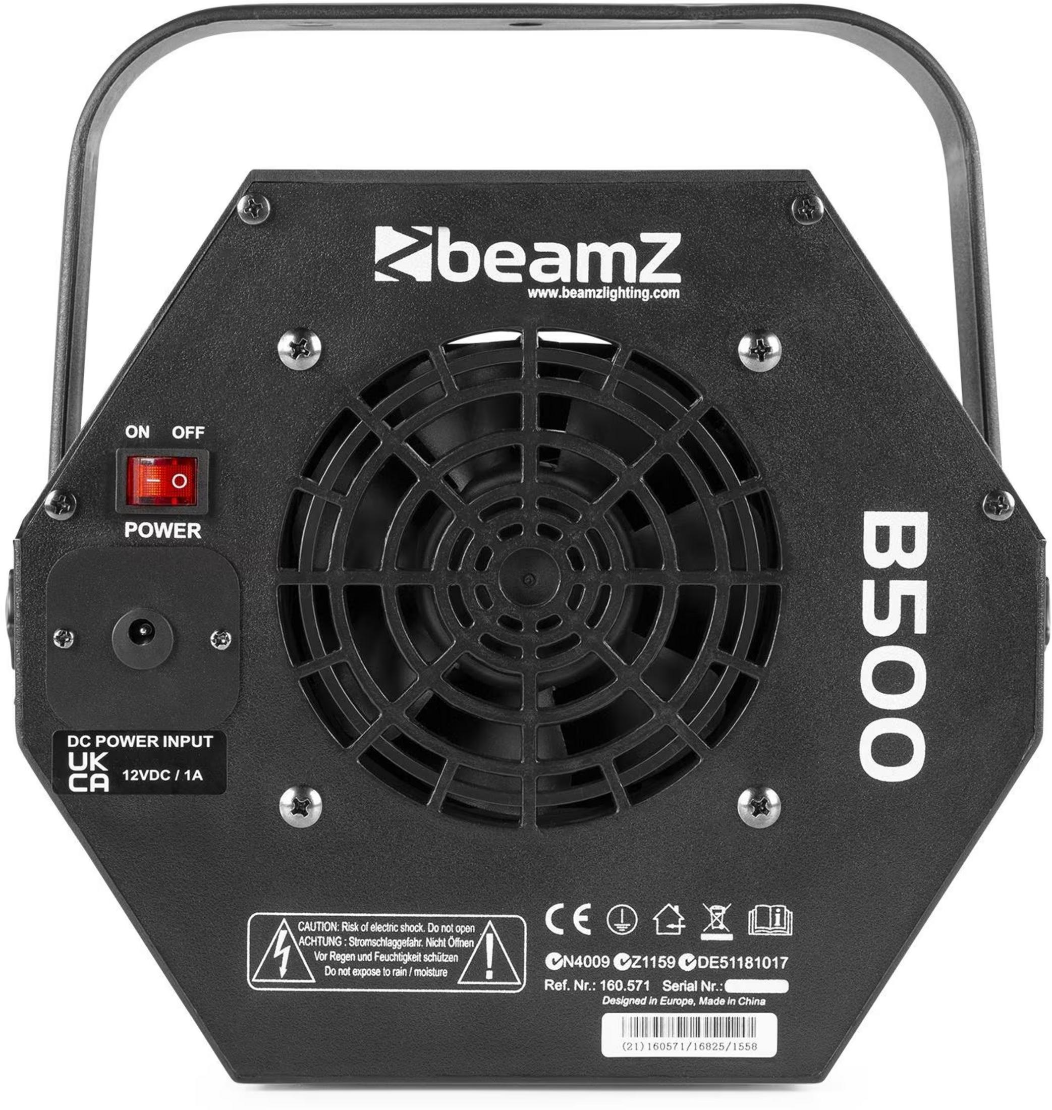 Dispositivo BeamZ B500 negro con ventilador, interruptores y conectores.
