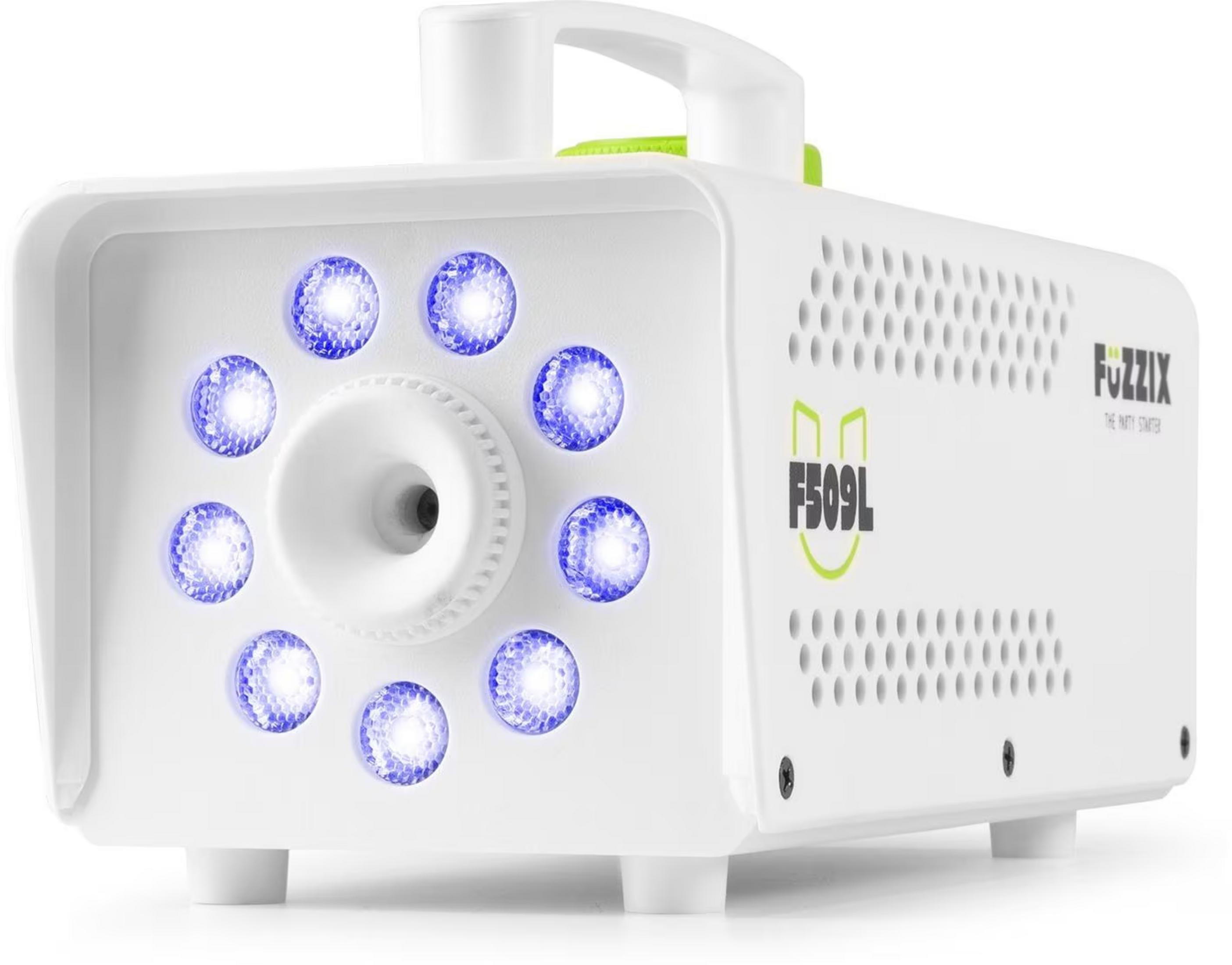 Máquina de humo blanca con LEDs iluminados en azul y asa.