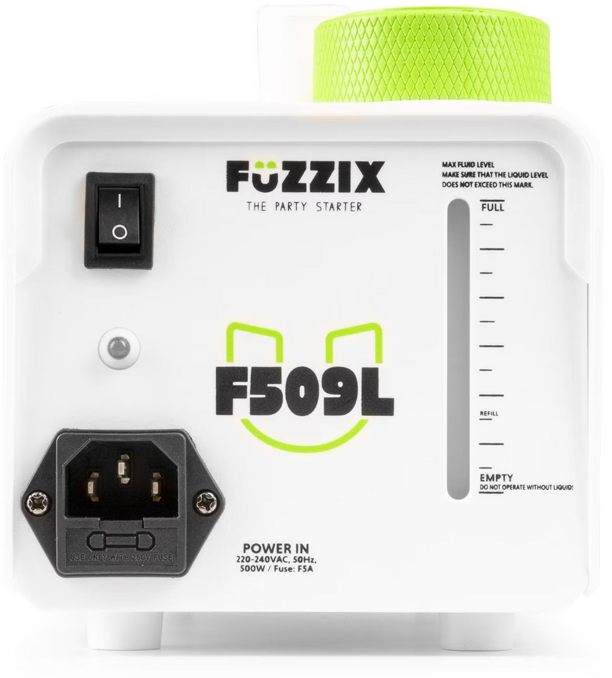 Máquina de fiesta blanca Fuzzix F509L con interruptor, luz indicadora y nivel de líquido.