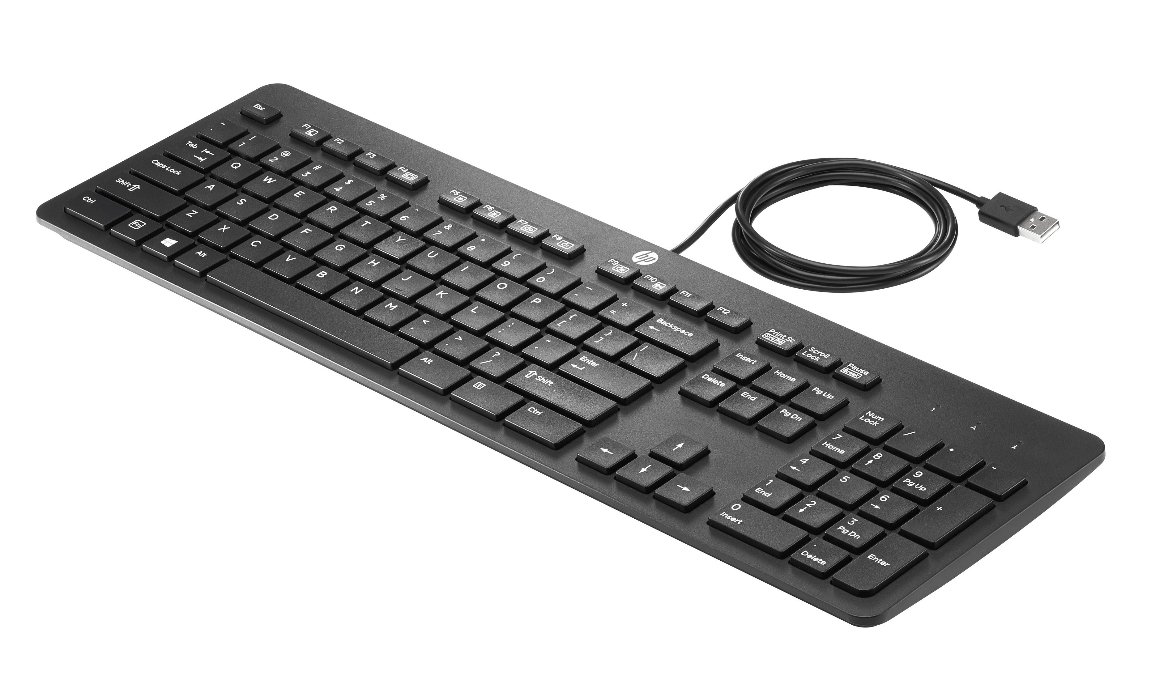Schwarze HP-Tastatur mit USB-Kabel, isoliert auf weißem Hintergrund.