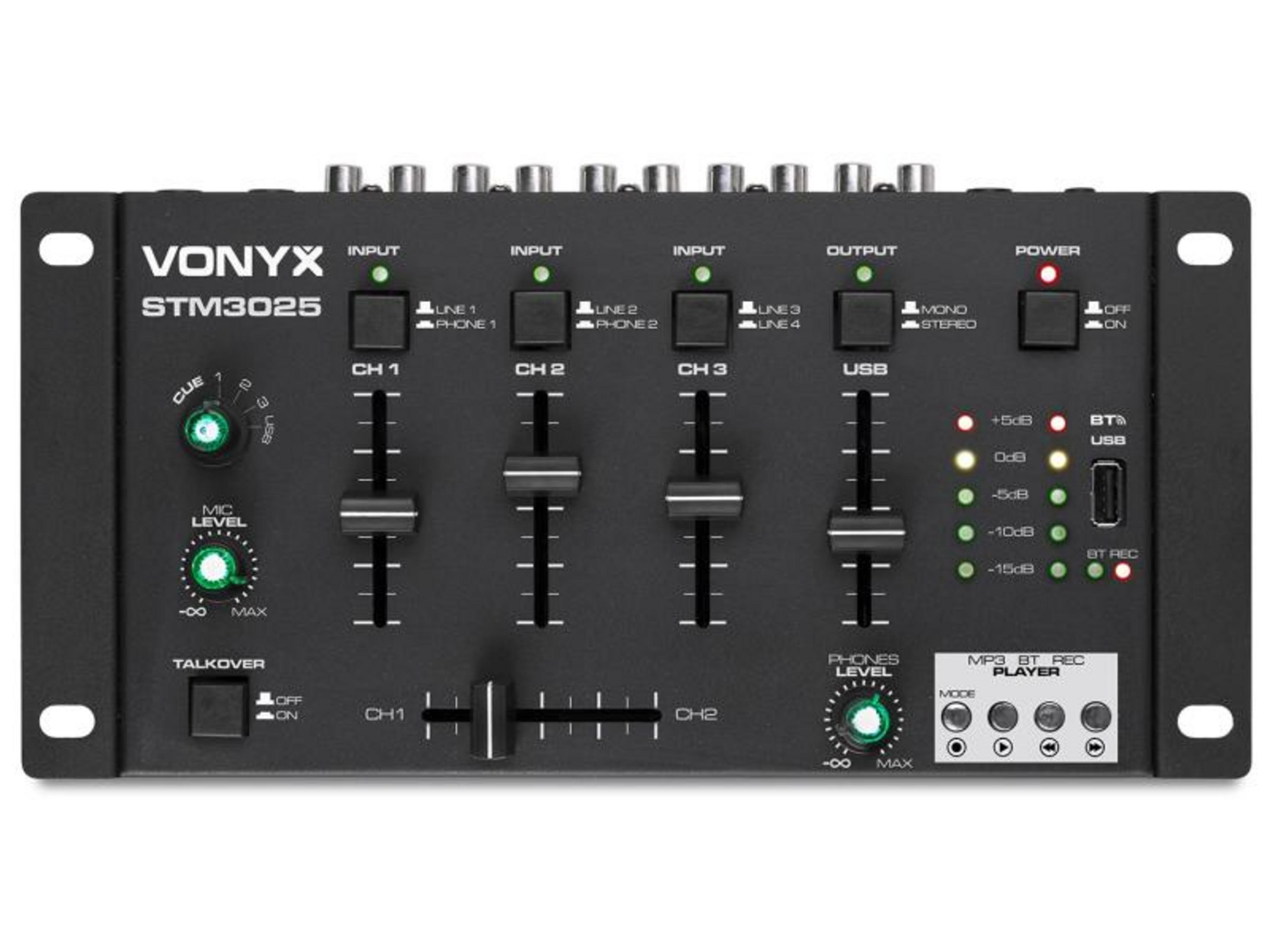Una mesa de mezclas Vonyx STM3025 negra con perillas, interruptores y LEDs.
