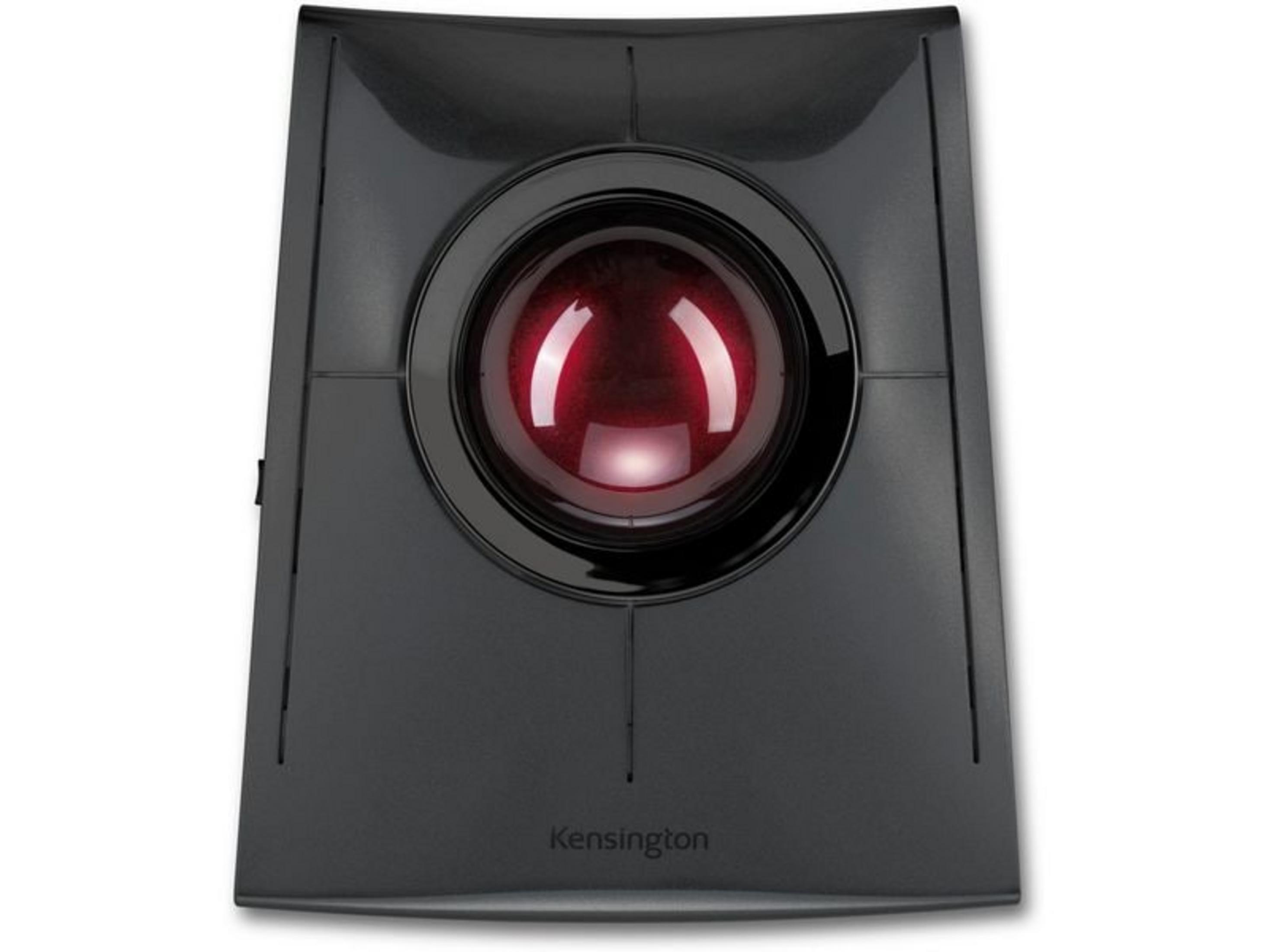 Czarna mysz trackball z czerwonom kulą i logo Kensington.