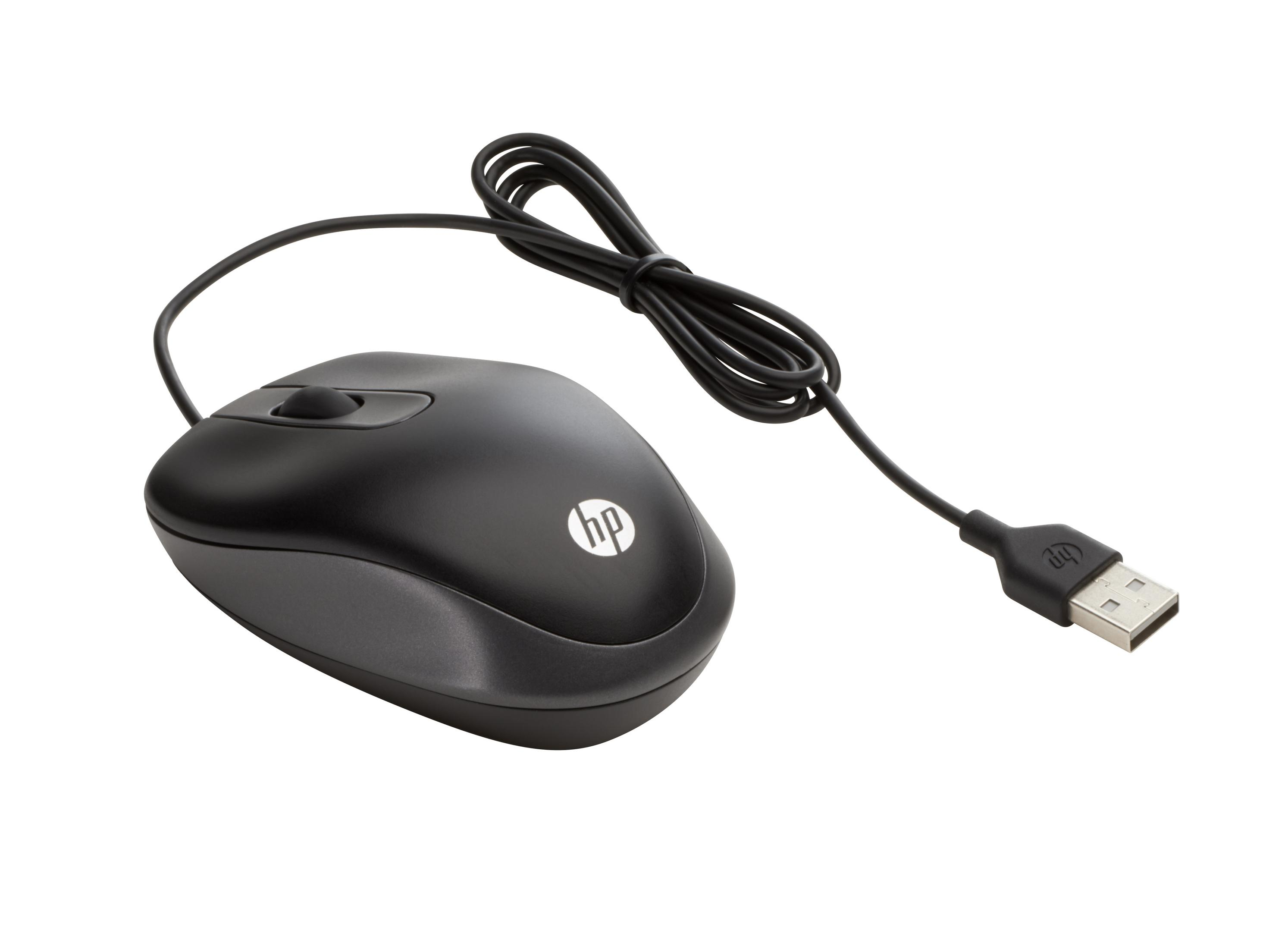 Mouse USB nero HP con cavo e rotellina, isolato su sfondo bianco.
