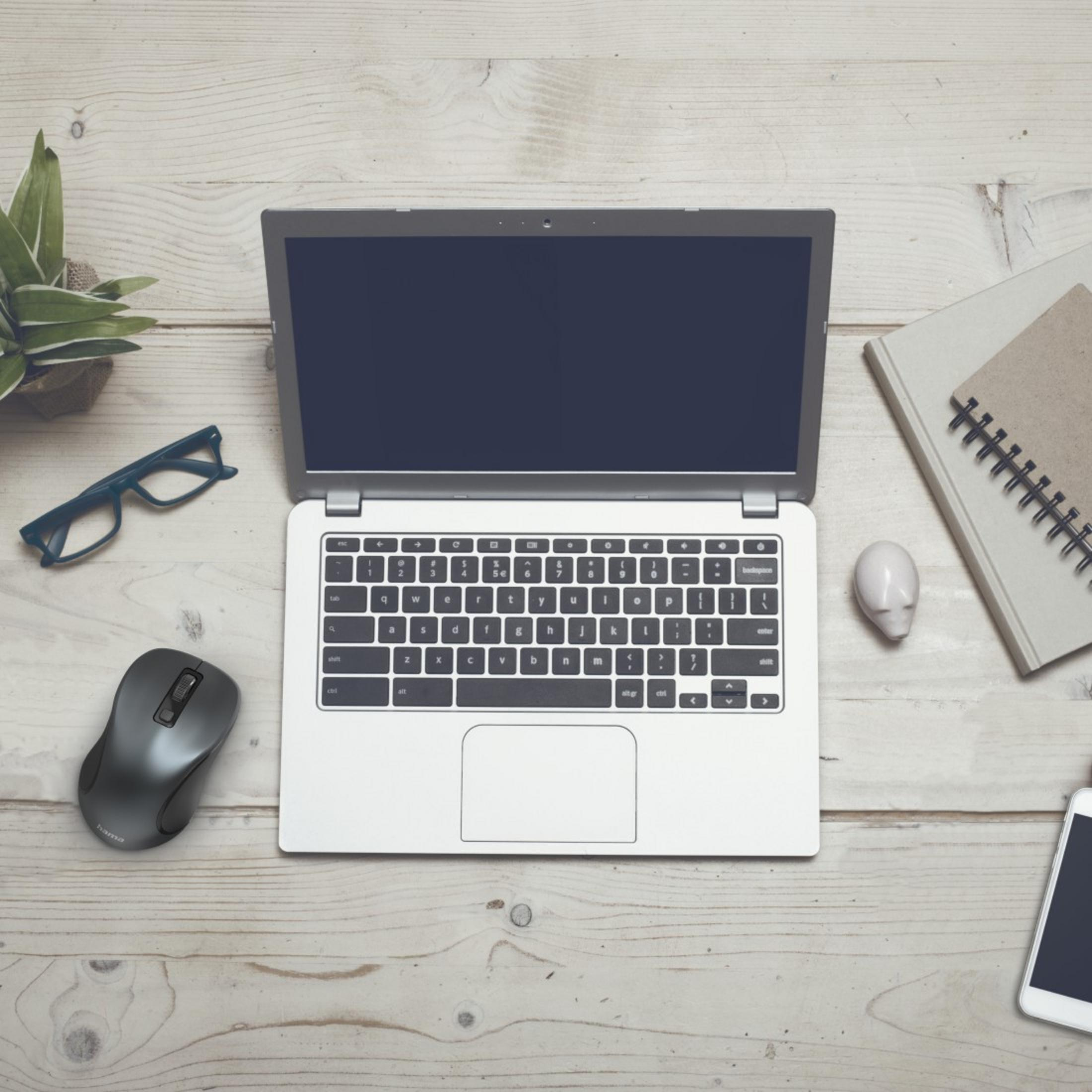 Un laptop, mouse, occhiali e pianta su una scrivania di legno.