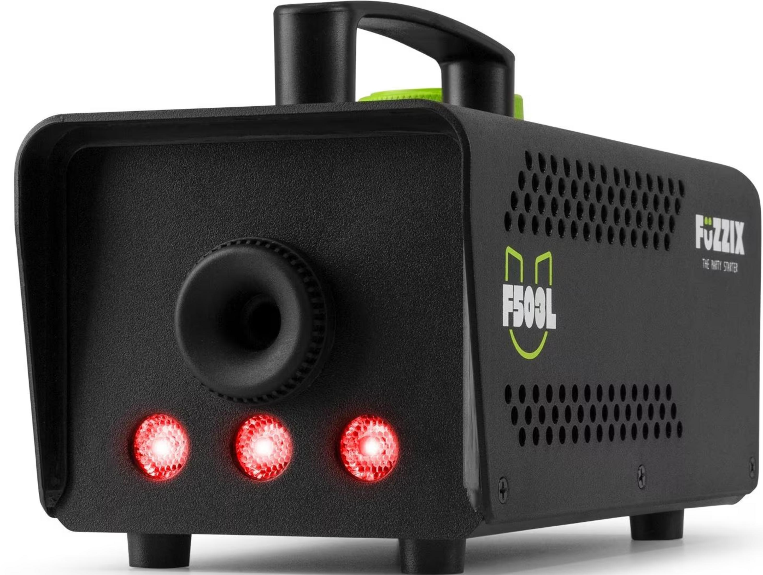 Máquina de humo negra con asa, tres luces rojas y rejillas de ventilación.