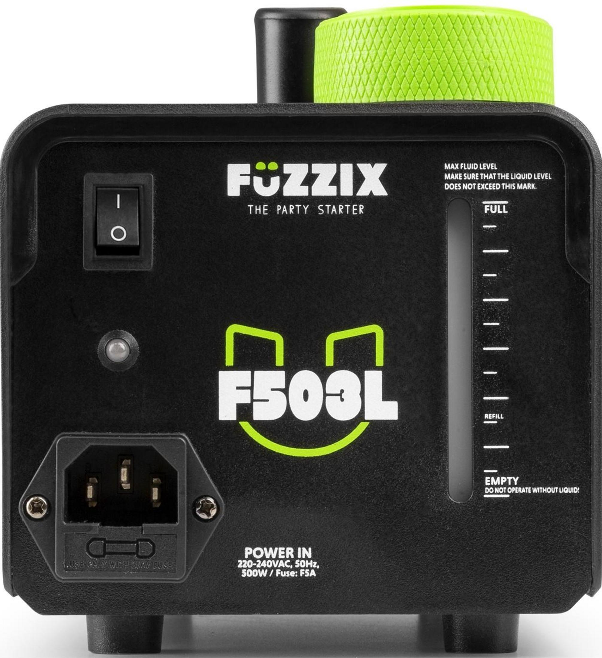 Máquina de humo negra con logo F503L, texto Fuzzix, interruptor y nivel de líquido.