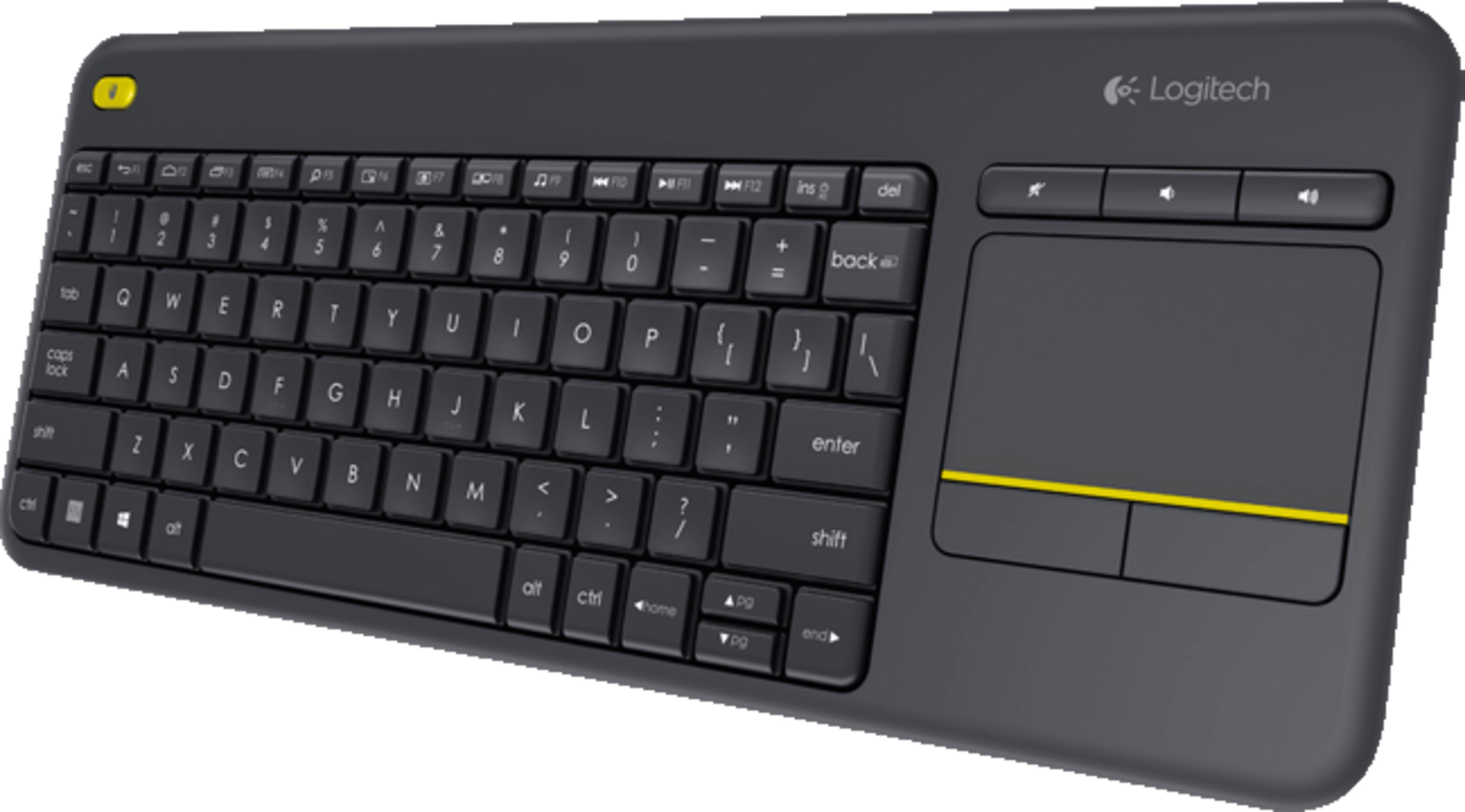 Ciemna klawiatura Logitech z wbudowanym touchpadem i żółtym akcentem.
