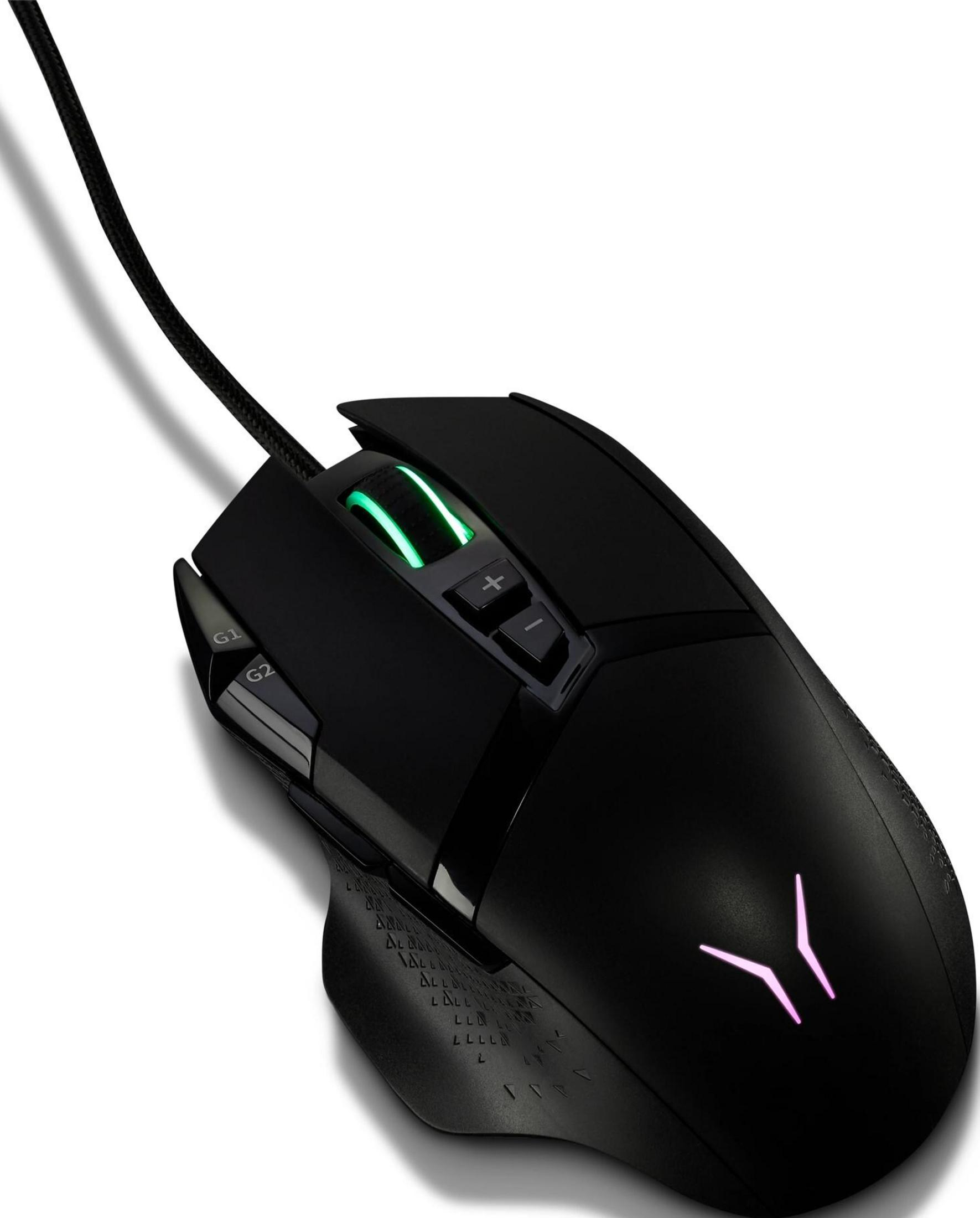 Ratón gaming negro con rueda, botones y logo iluminados.