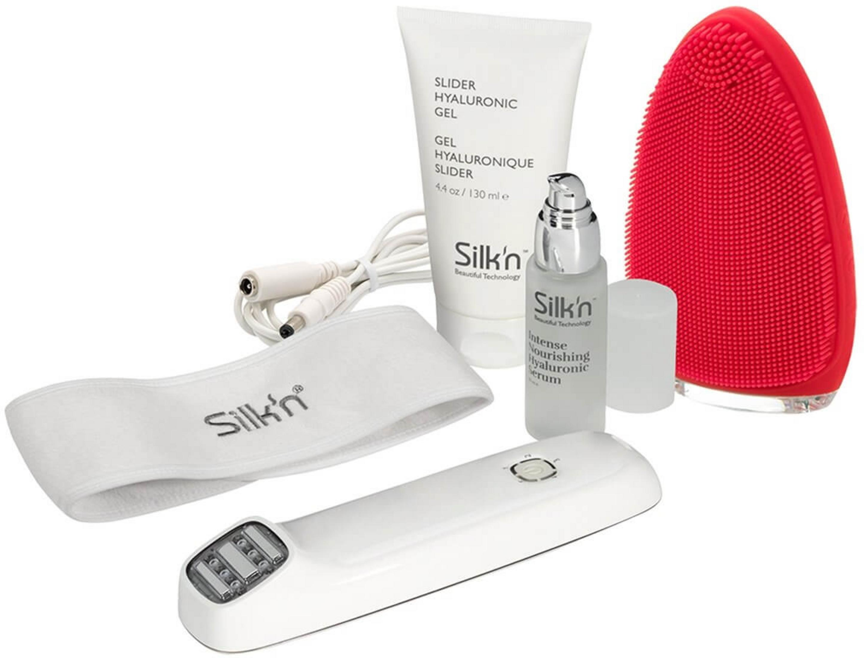 Silk'n Hautpflege-Set mit Serum, Gel, Gesichtsreinigungsbürste und Stirnband.