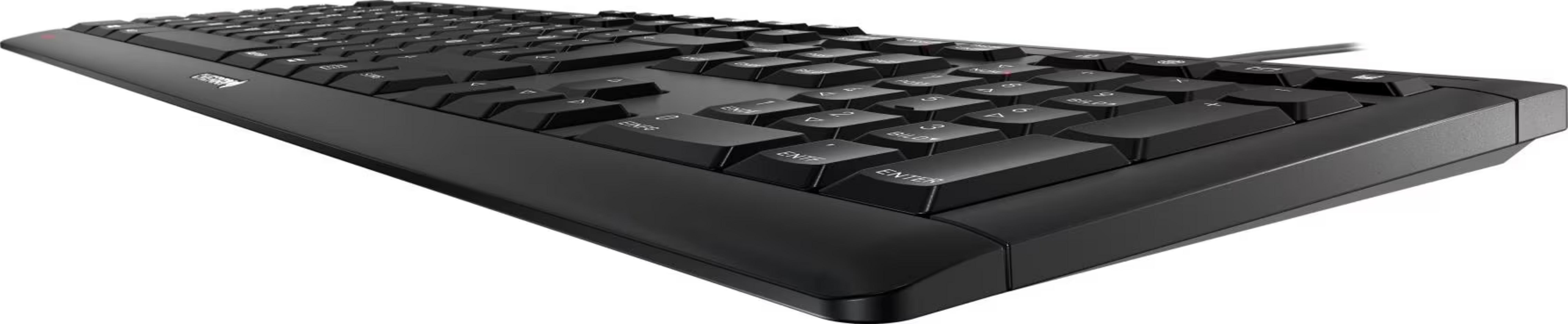 Schwarze Tastatur mit silbernen Beschriftungen und einem Kabel.