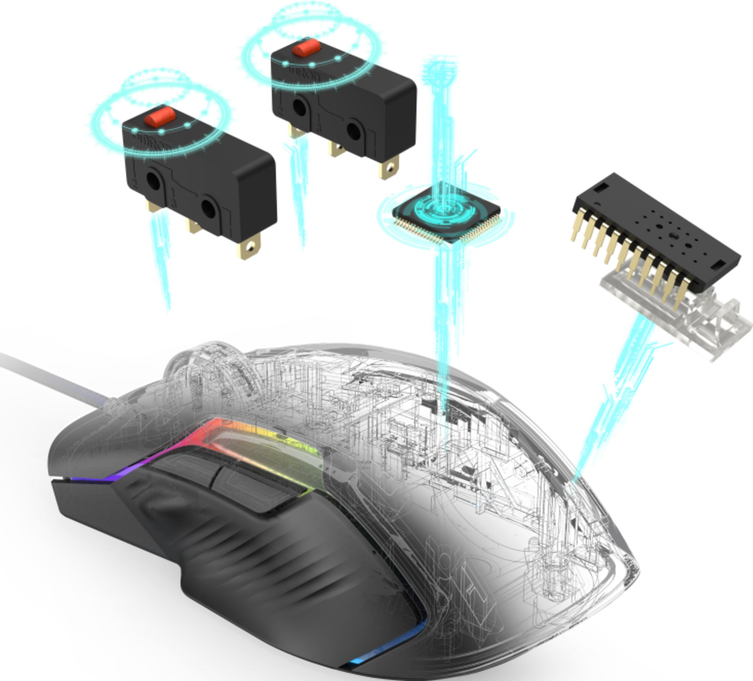 Componenti mouse: interruttori, chip e mouse con schemi.