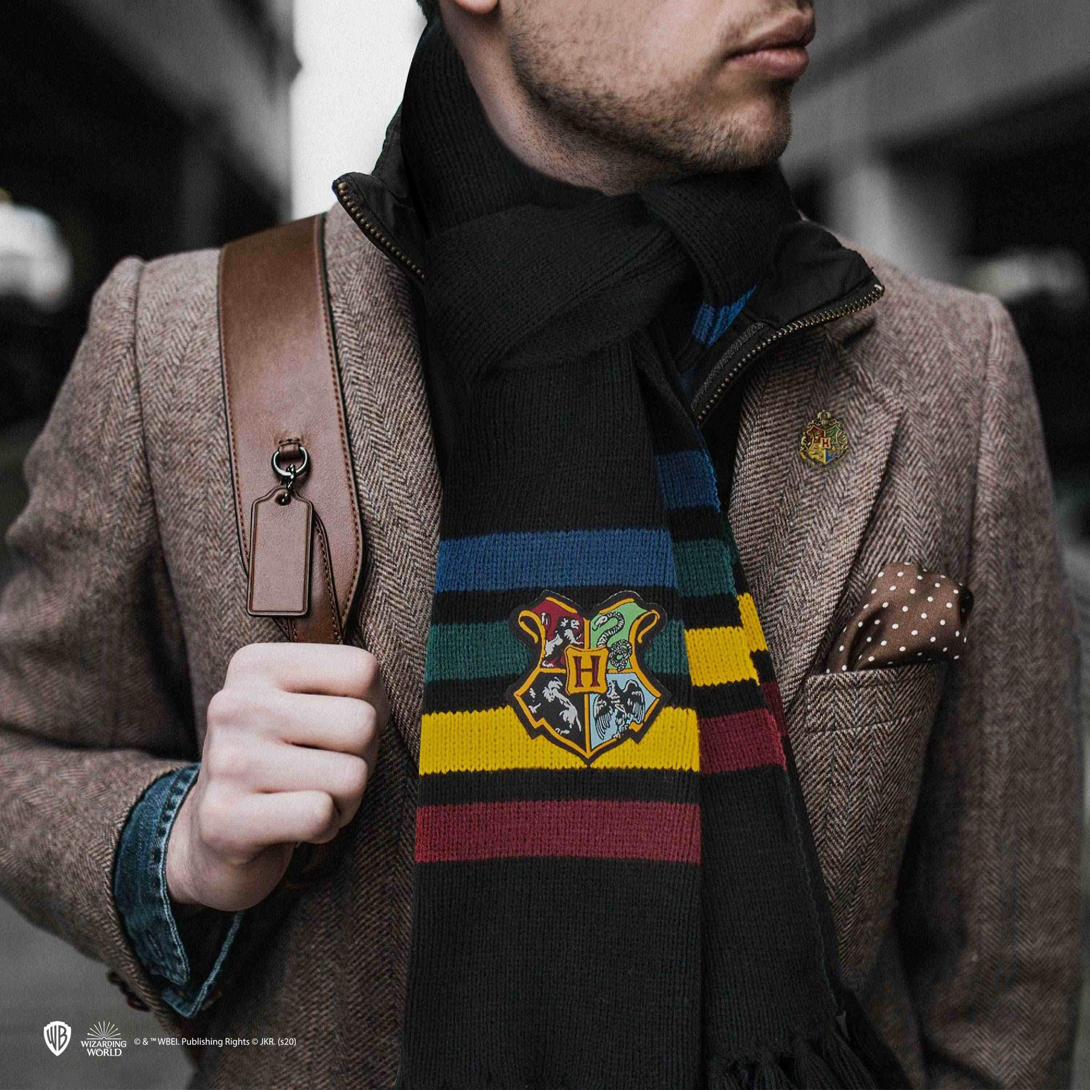 Mann mit Harry Potter Schal, Wappen und braunem Sakko.