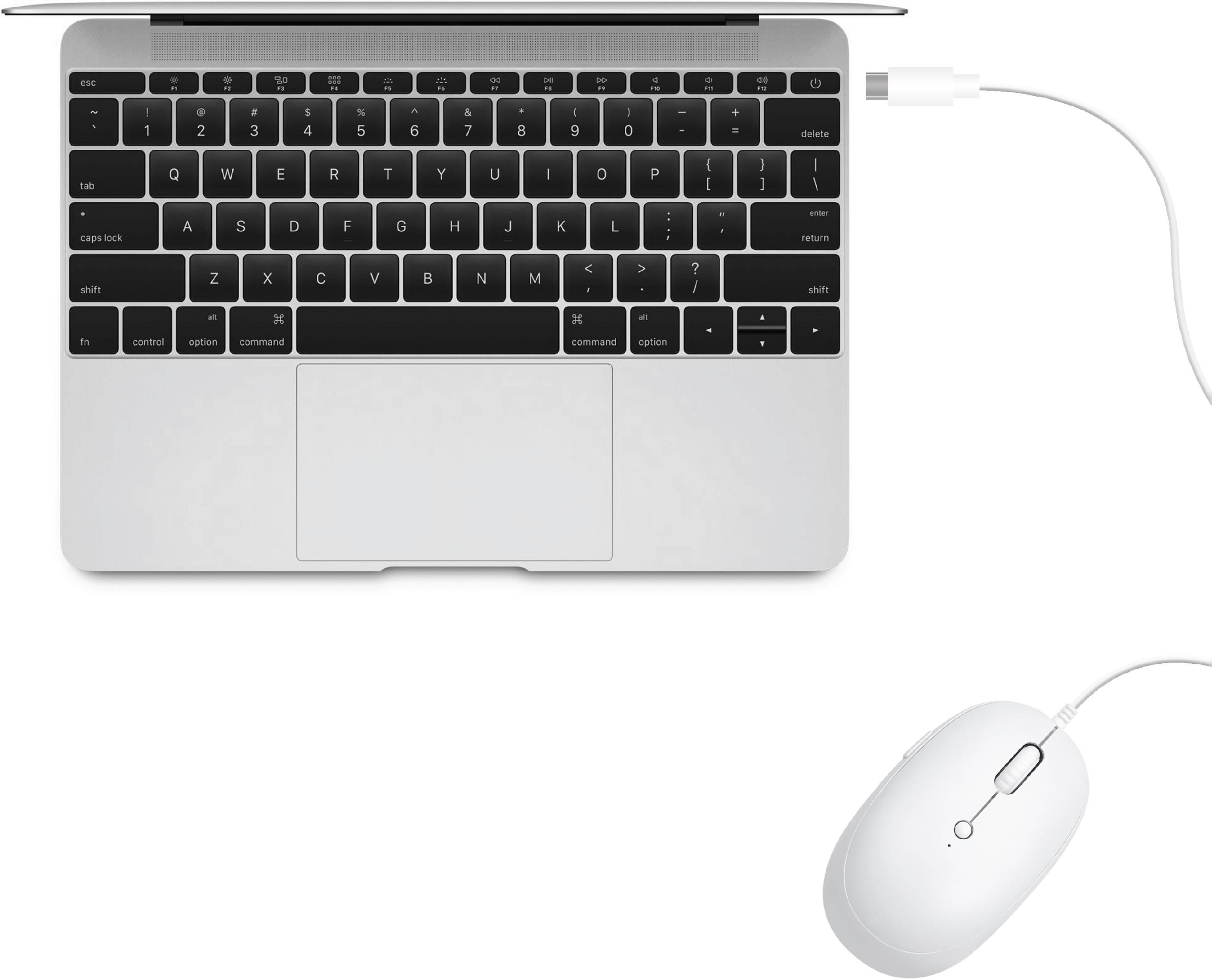 Un MacBook blanco con un cable blanco y un ratón blanco.