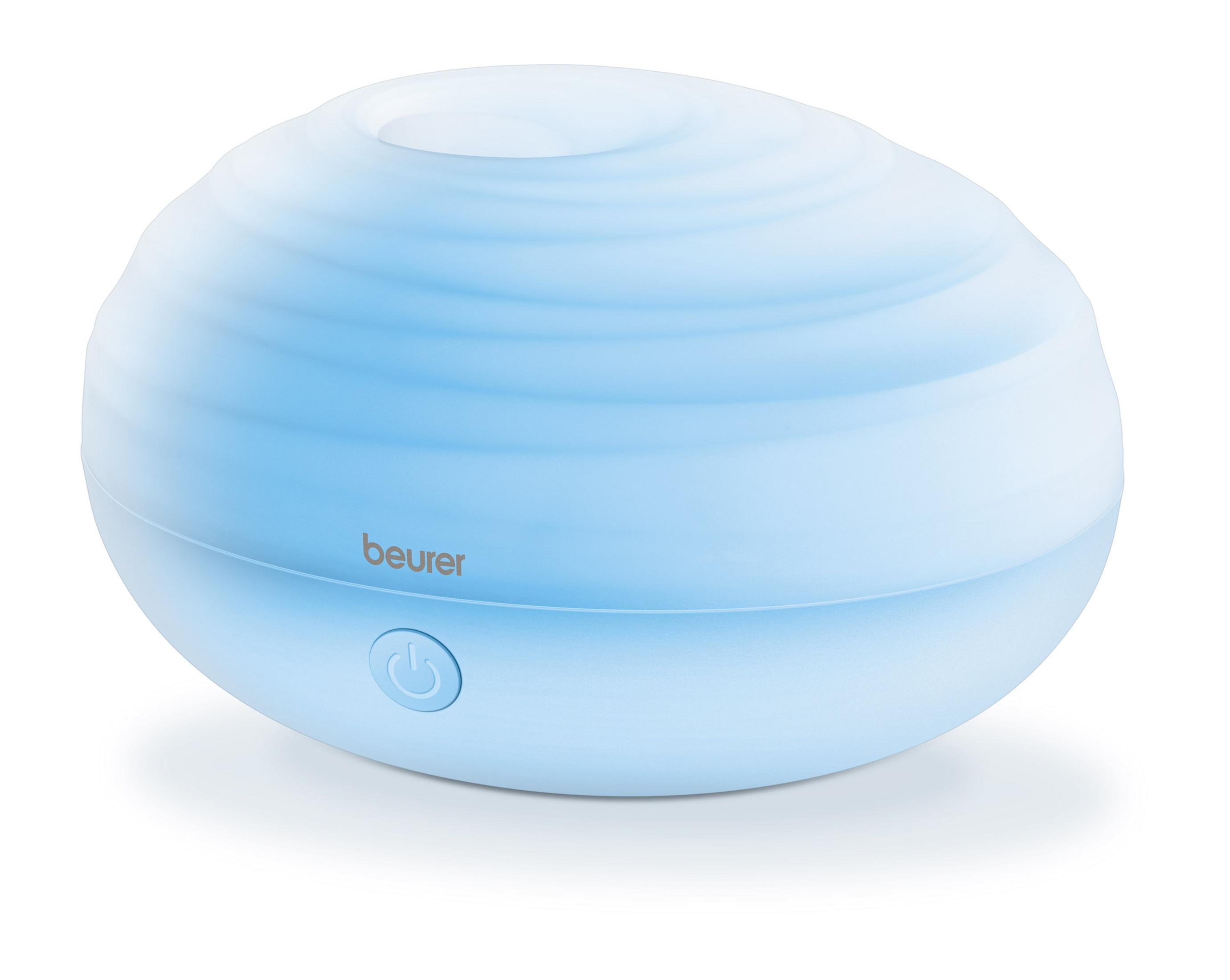 Ein blauer Diffusor mit Wirbelmustern und einem Ein/Aus-Symbol.