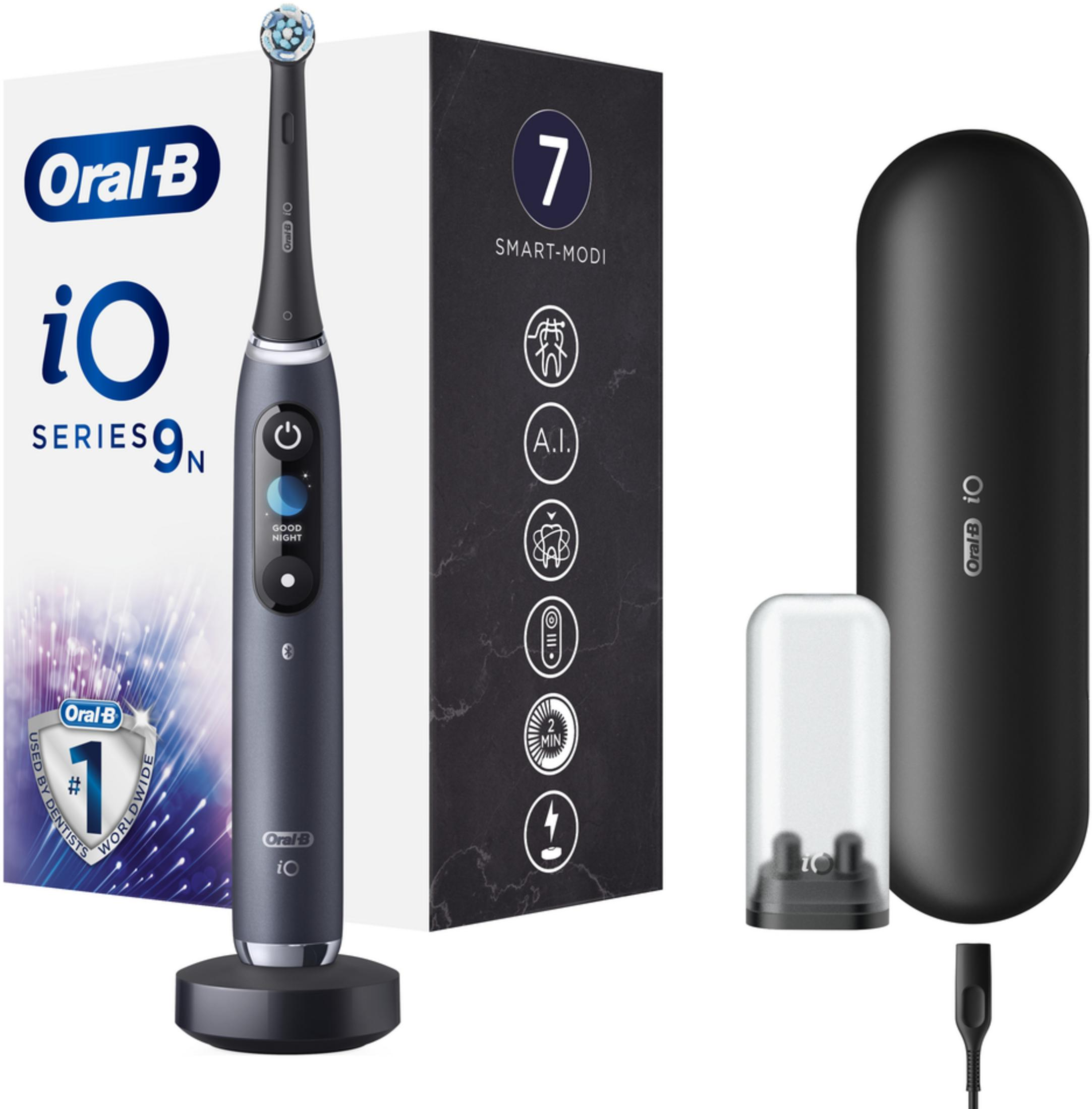 Elektrische Zahnbürste Oral-B iO Series 9 mit Ladebasis, Reiseetui und Kabel.