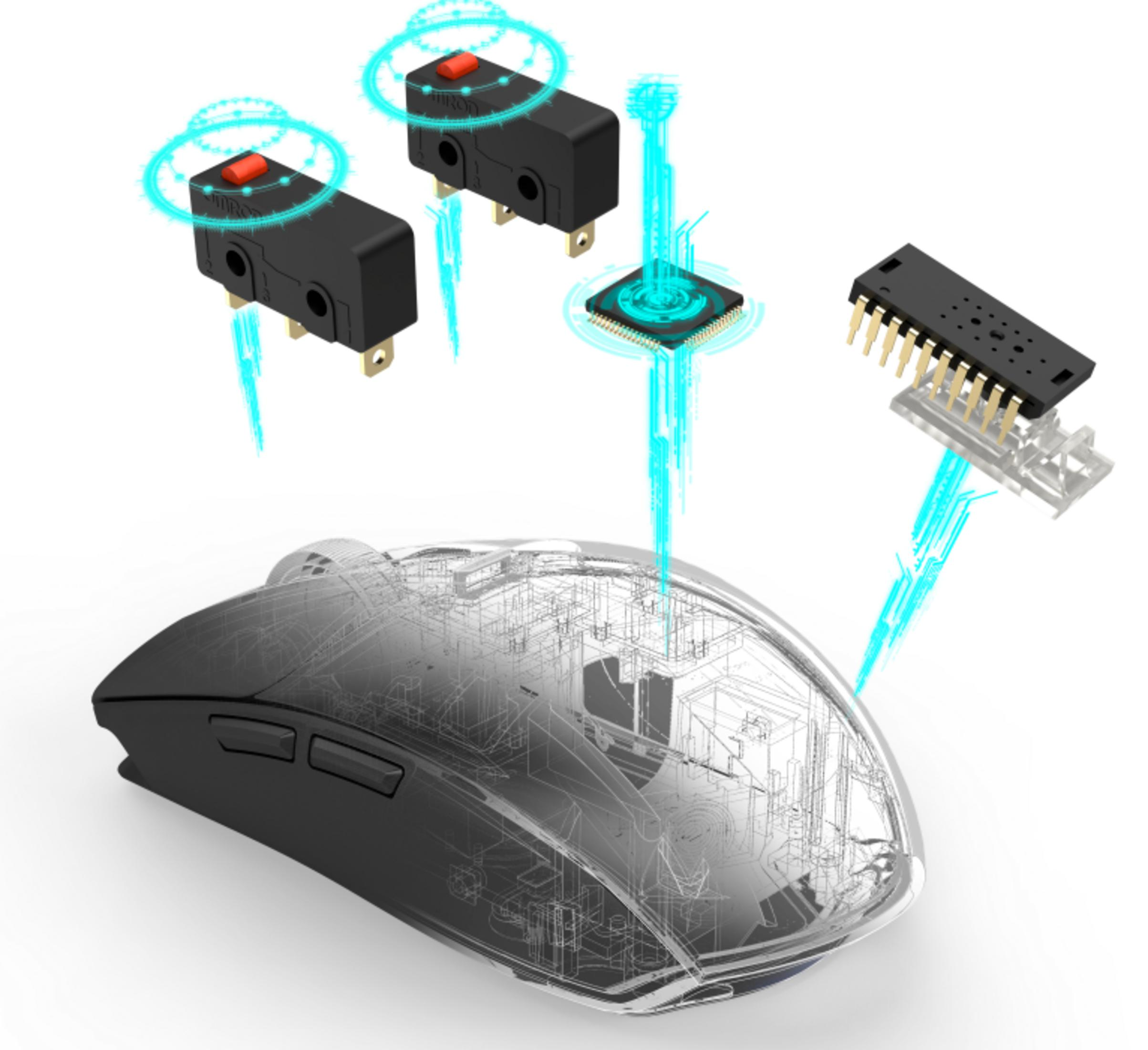 Ein durchsichtiger Computermaus-Prototyp mit Schaltkreisen und Komponenten.