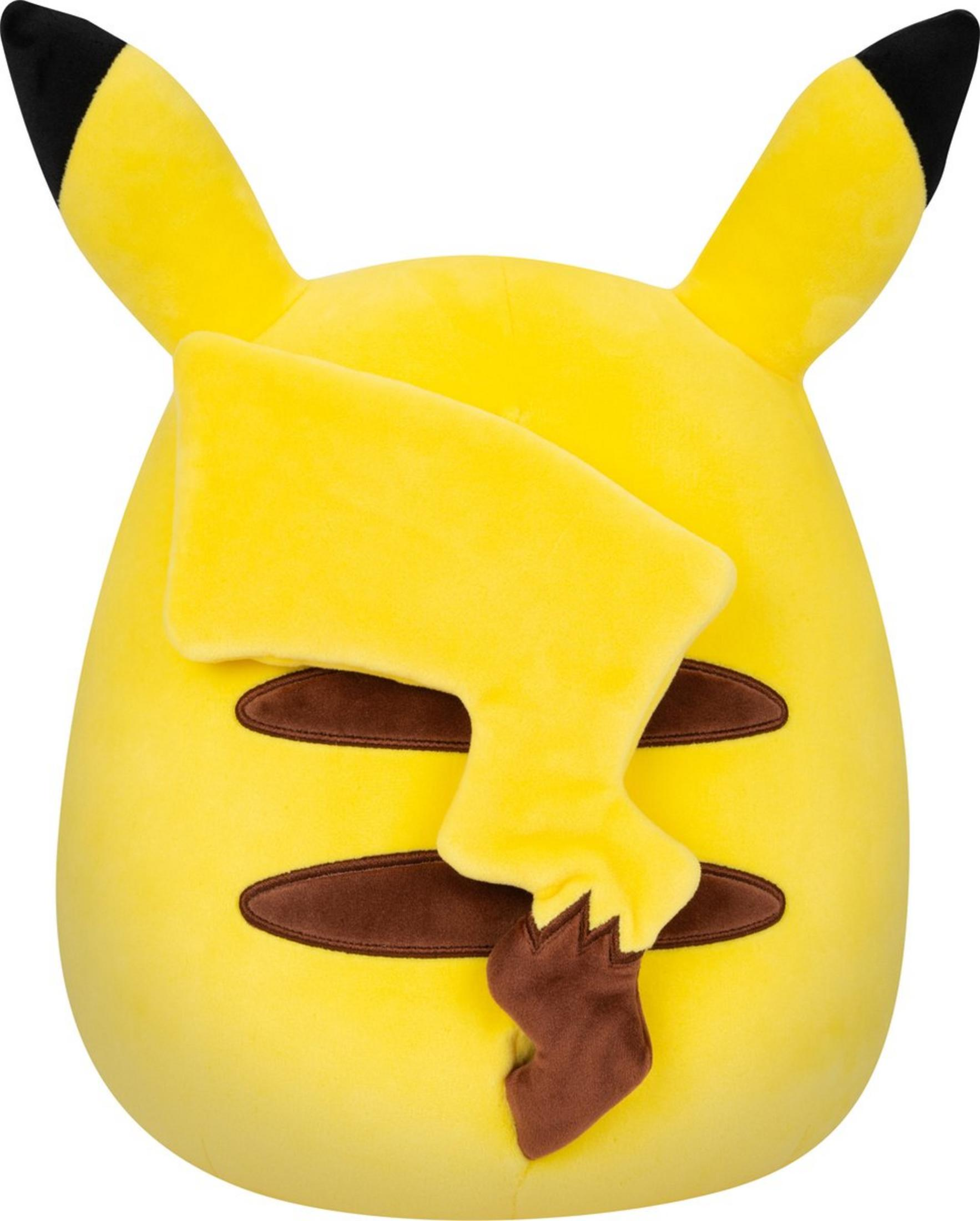 Ein gelbes Pikachu-Plüschtier mit schwarzen Ohrenspitzen und braunen Wangen.